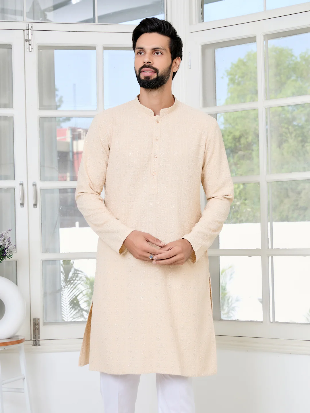 Men Beige Ethnic Motifs Sequins Embroidered Straight Kurta - Image 6