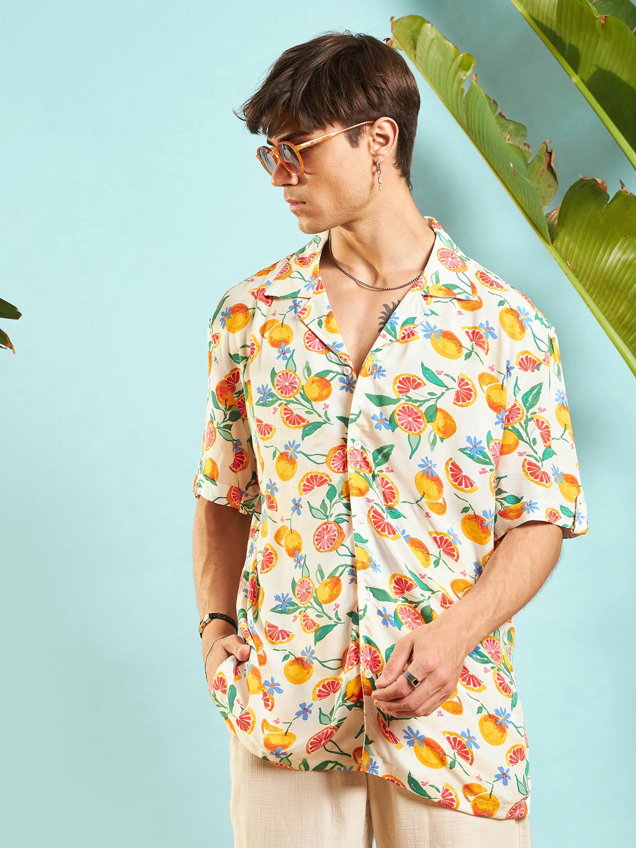 Men Beige Fruit Print Relax Fit Shirt - Image 2