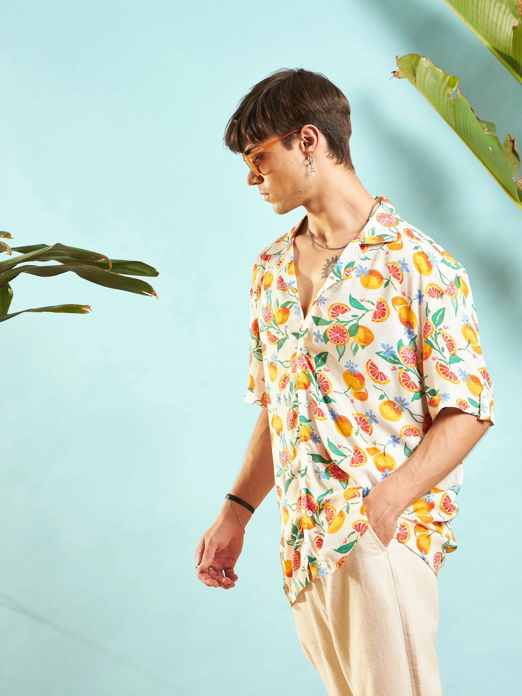Men Beige Fruit Print Relax Fit Shirt - Image 3