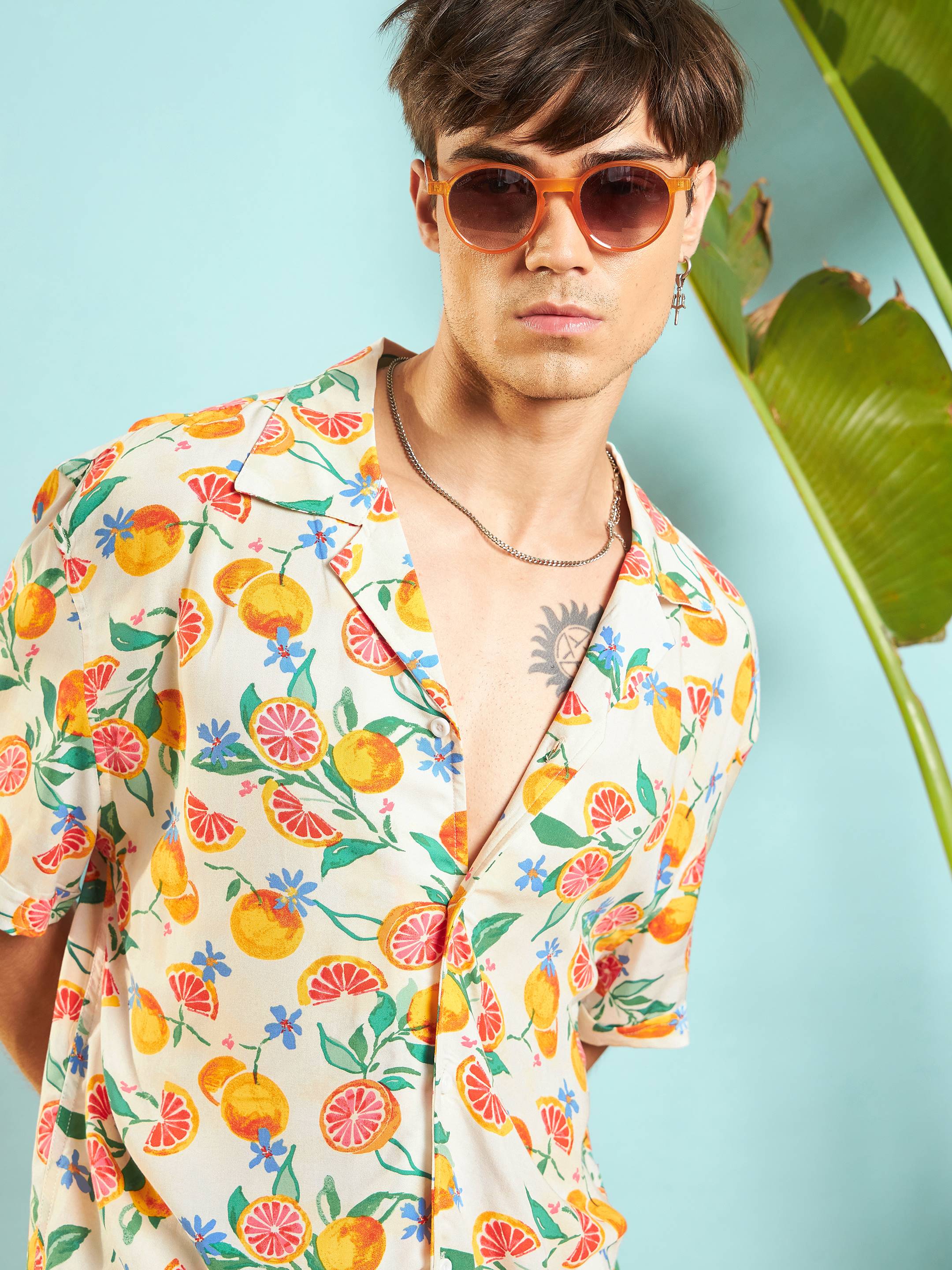 Men Beige Fruit Print Relax Fit Shirt - Image 4