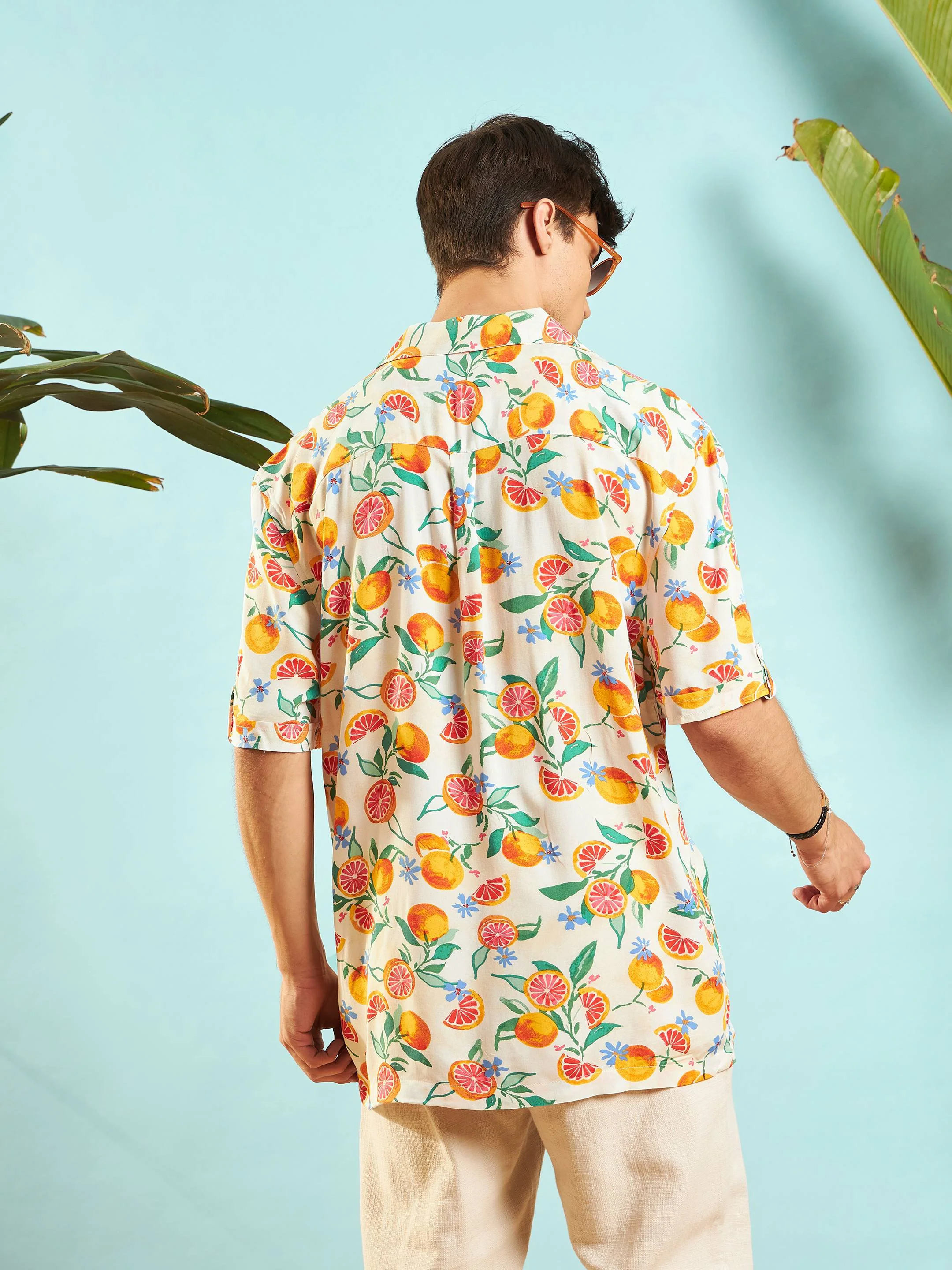 Men Beige Fruit Print Relax Fit Shirt - Image 5