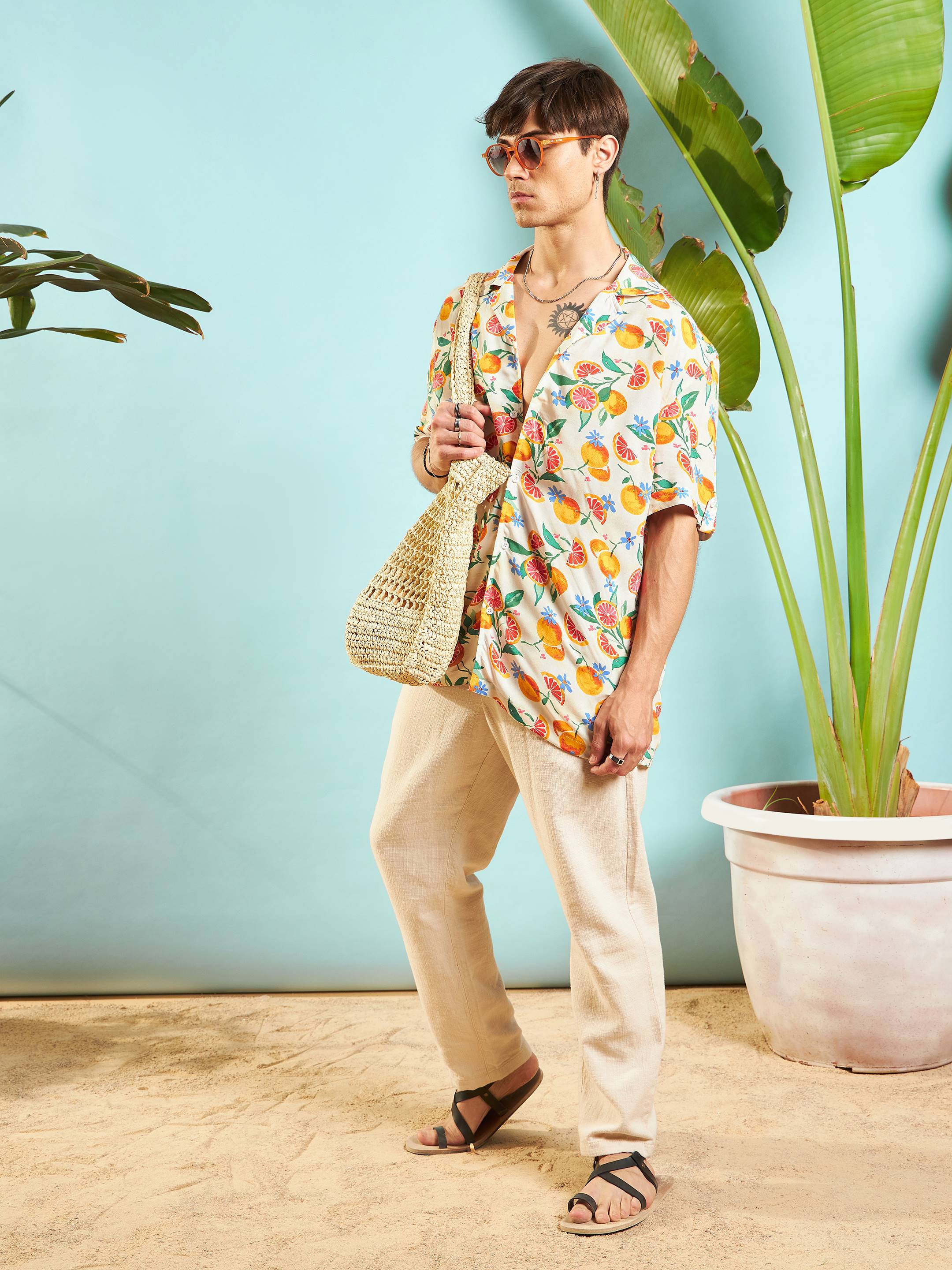 Men Beige Fruit Print Relax Fit Shirt - Image 6