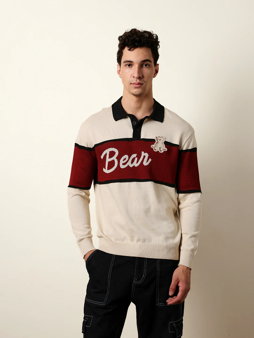 Men Beige Full Sleeve Polo T-Shirt - Image 3