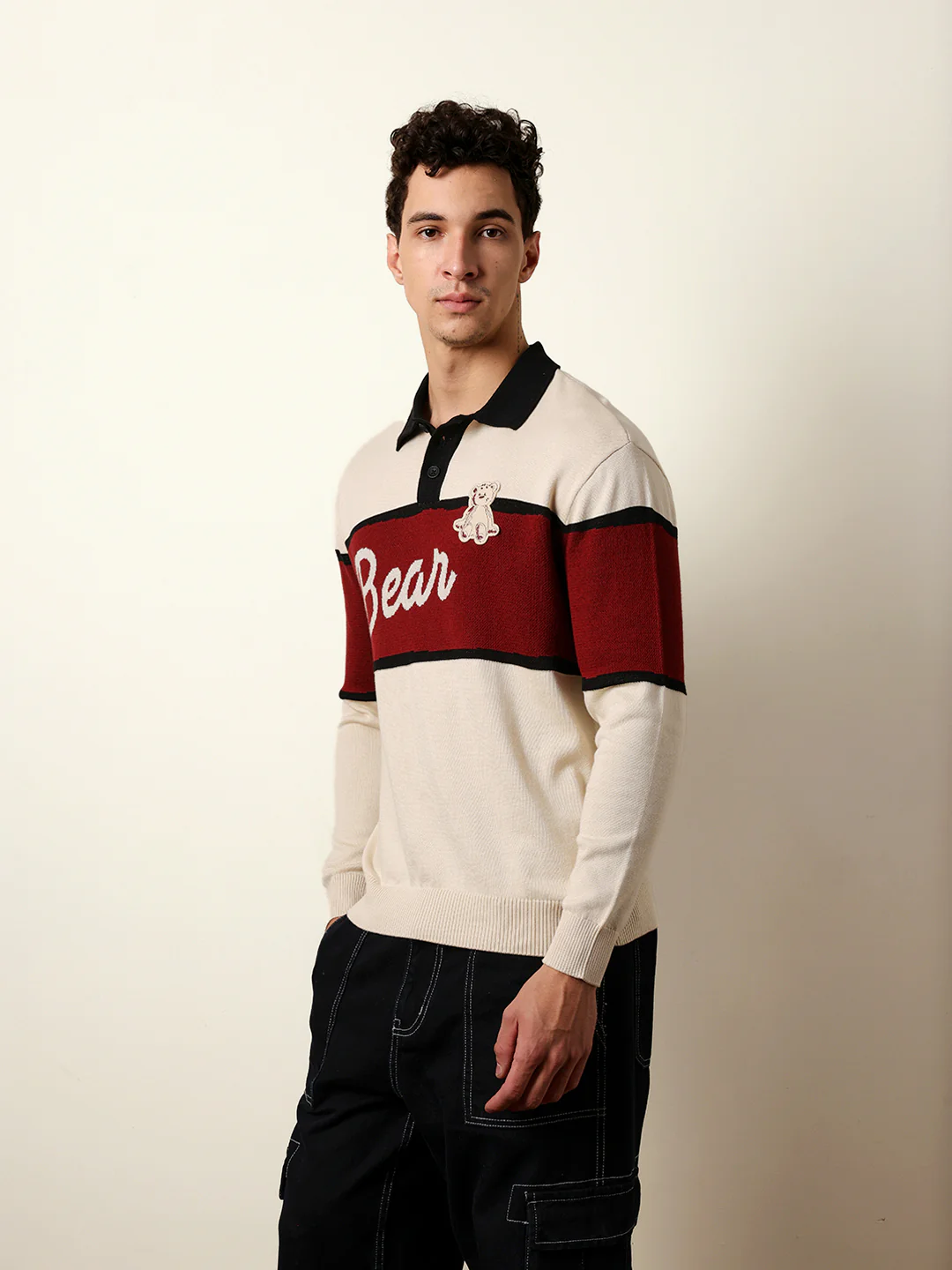 Men Beige Full Sleeve Polo T-Shirt - Image 4