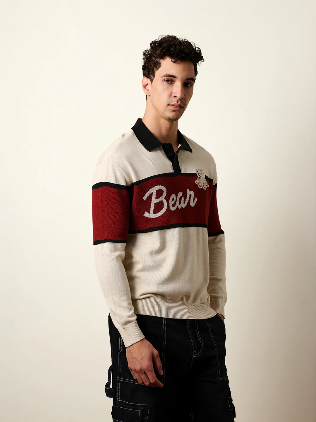 Men Beige Full Sleeve Polo T-Shirt - Image 5