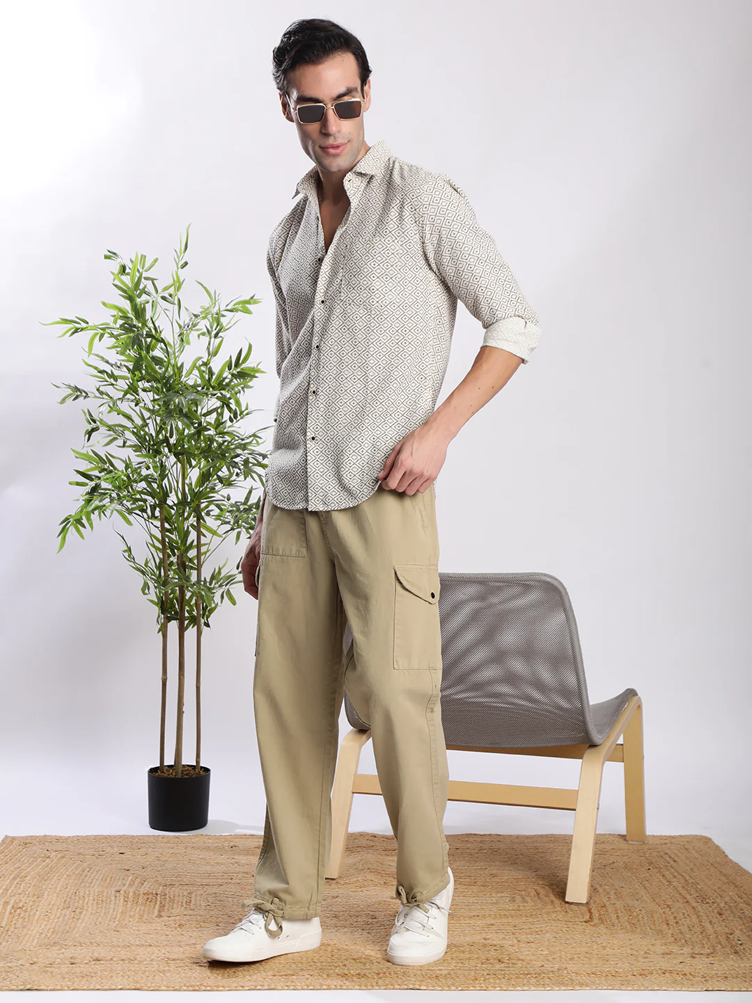 Men Beige Geometric Print Single Pocket Shirt - Image 7