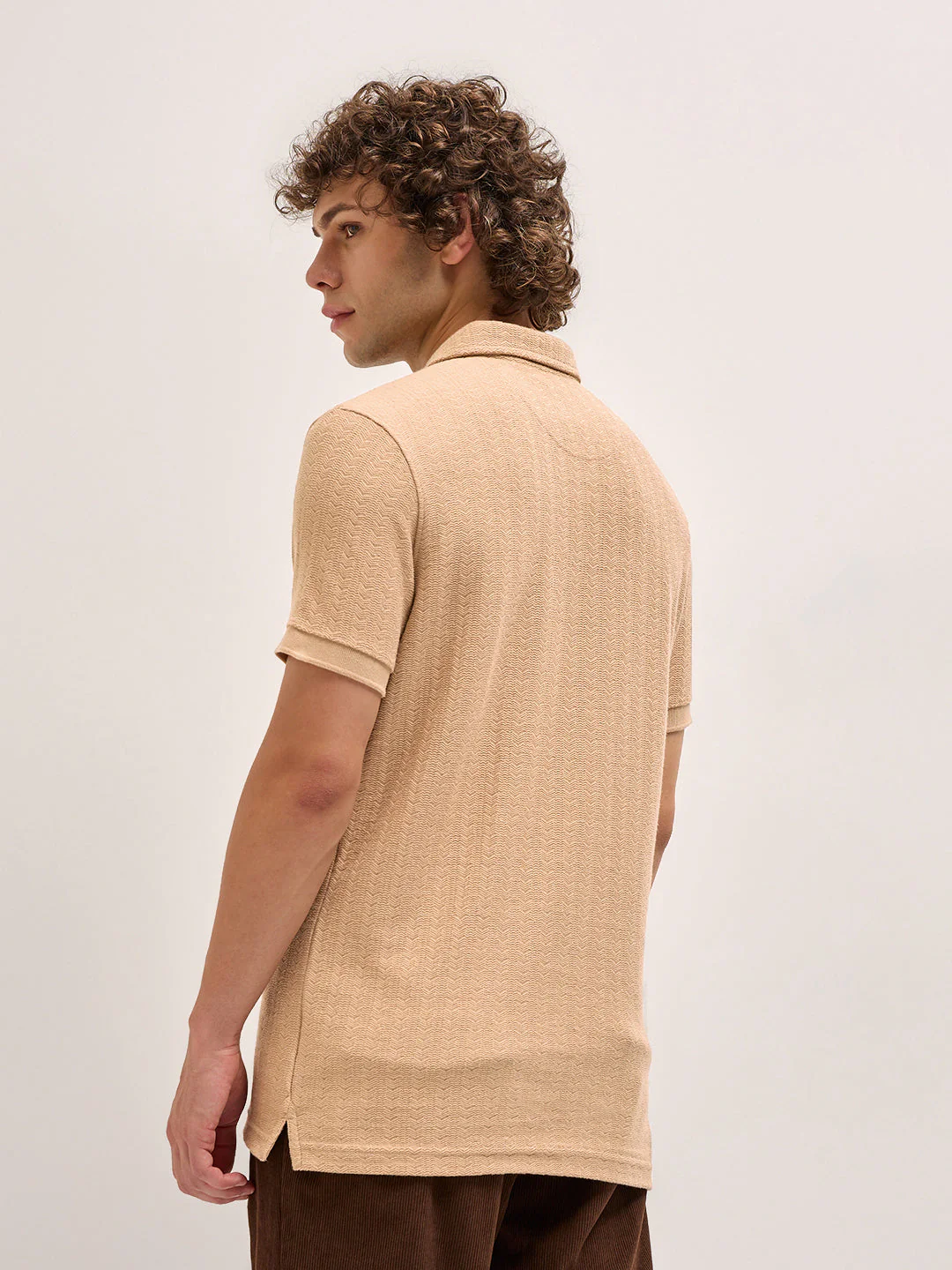 Men Beige Geometric Textured Design Regular Fit Polo - Image 2