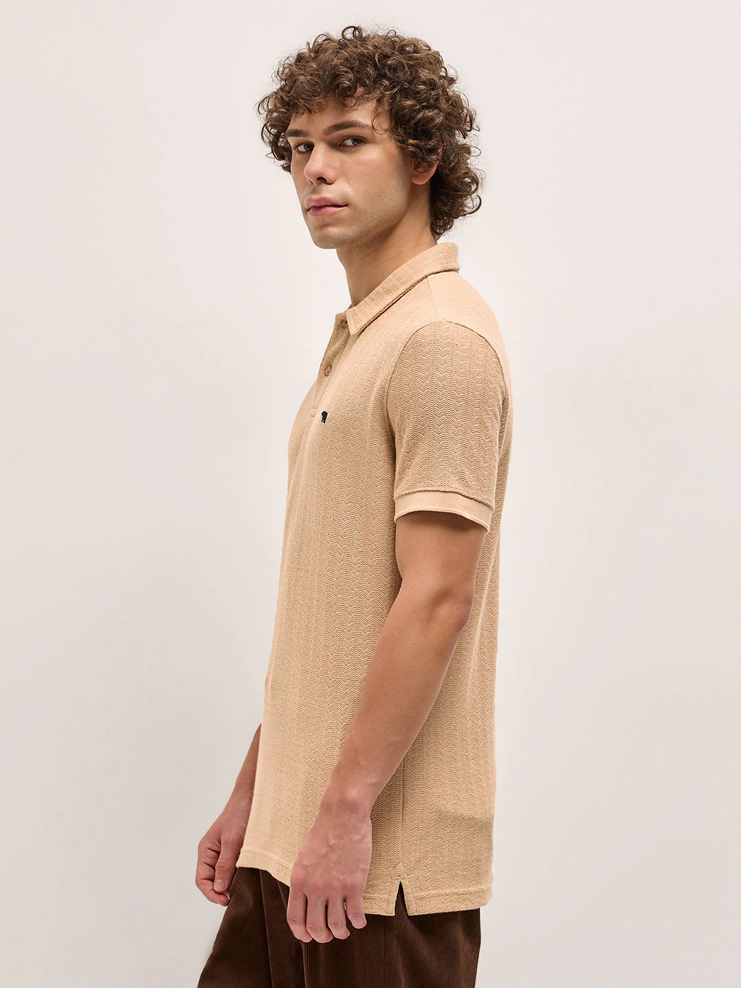 Men Beige Geometric Textured Design Regular Fit Polo - Image 3