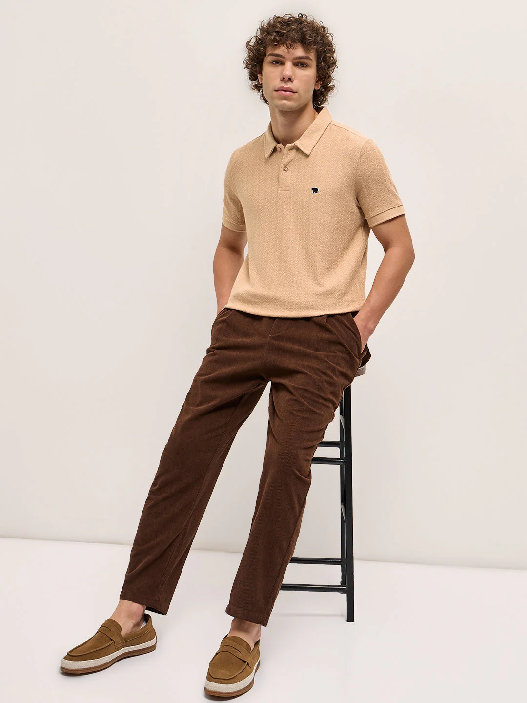 Men Beige Geometric Textured Design Regular Fit Polo - Image 4