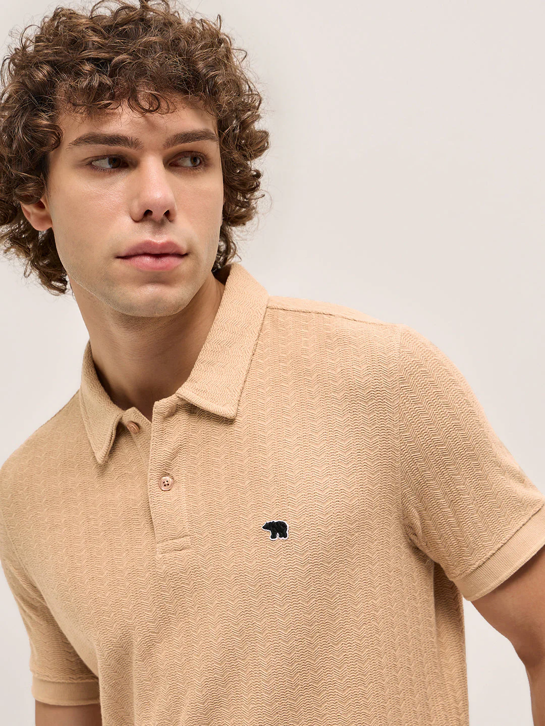 Men Beige Geometric Textured Design Regular Fit Polo - Image 5