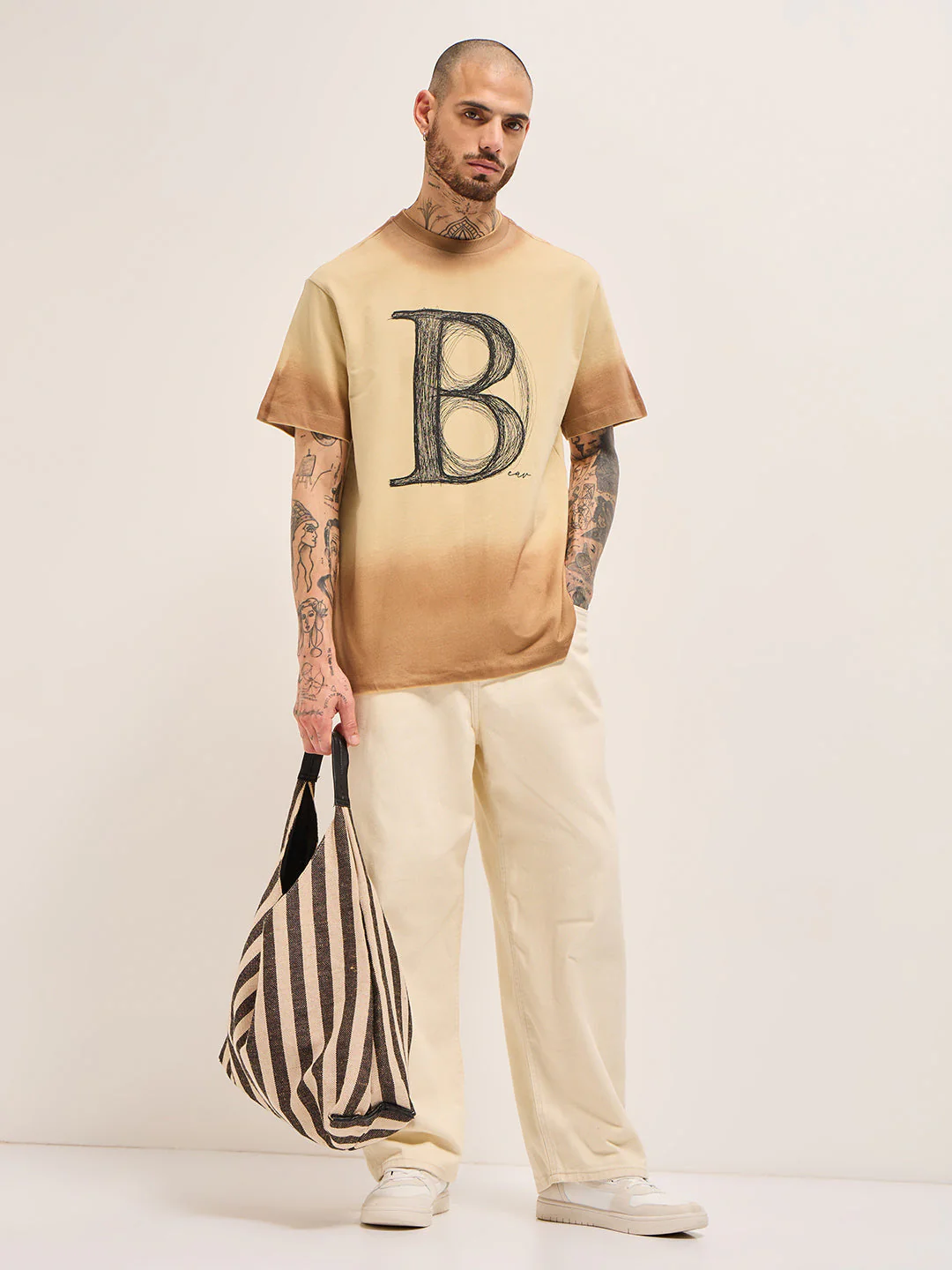 Men Beige Gradient Oversized Crew Neck T-Shirt - Image 4
