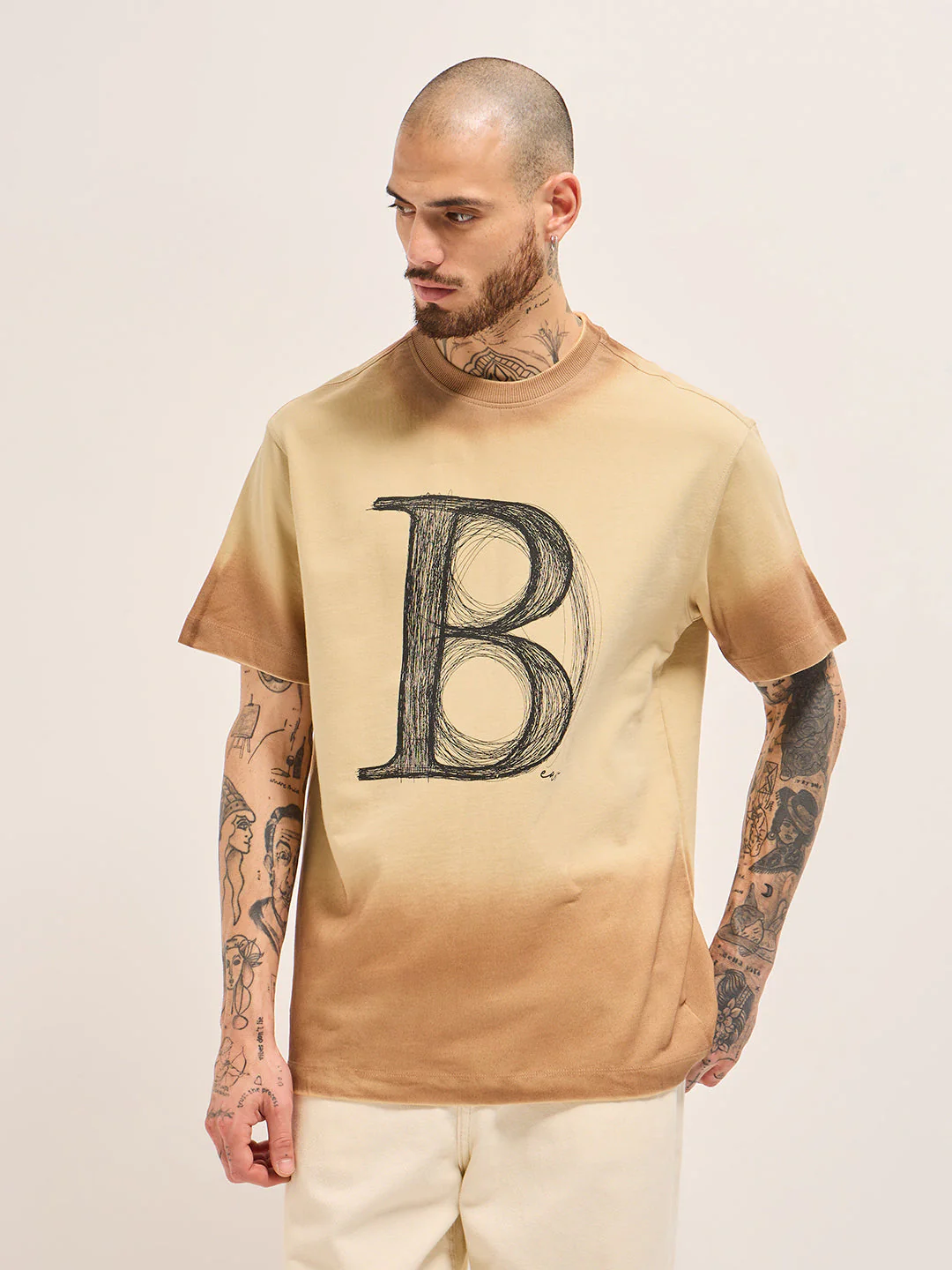 Men Beige Gradient Oversized Crew Neck T-Shirt - Image 6