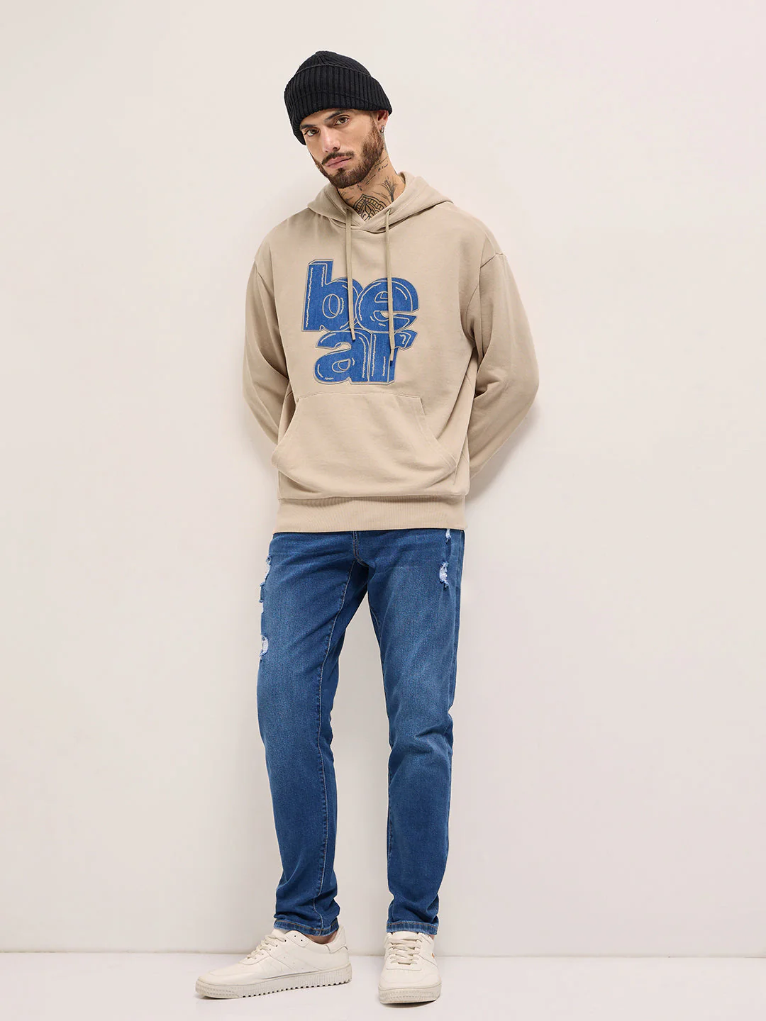 Men Beige Graphic Distressed Design Relax Fit Hoodie - Image 4