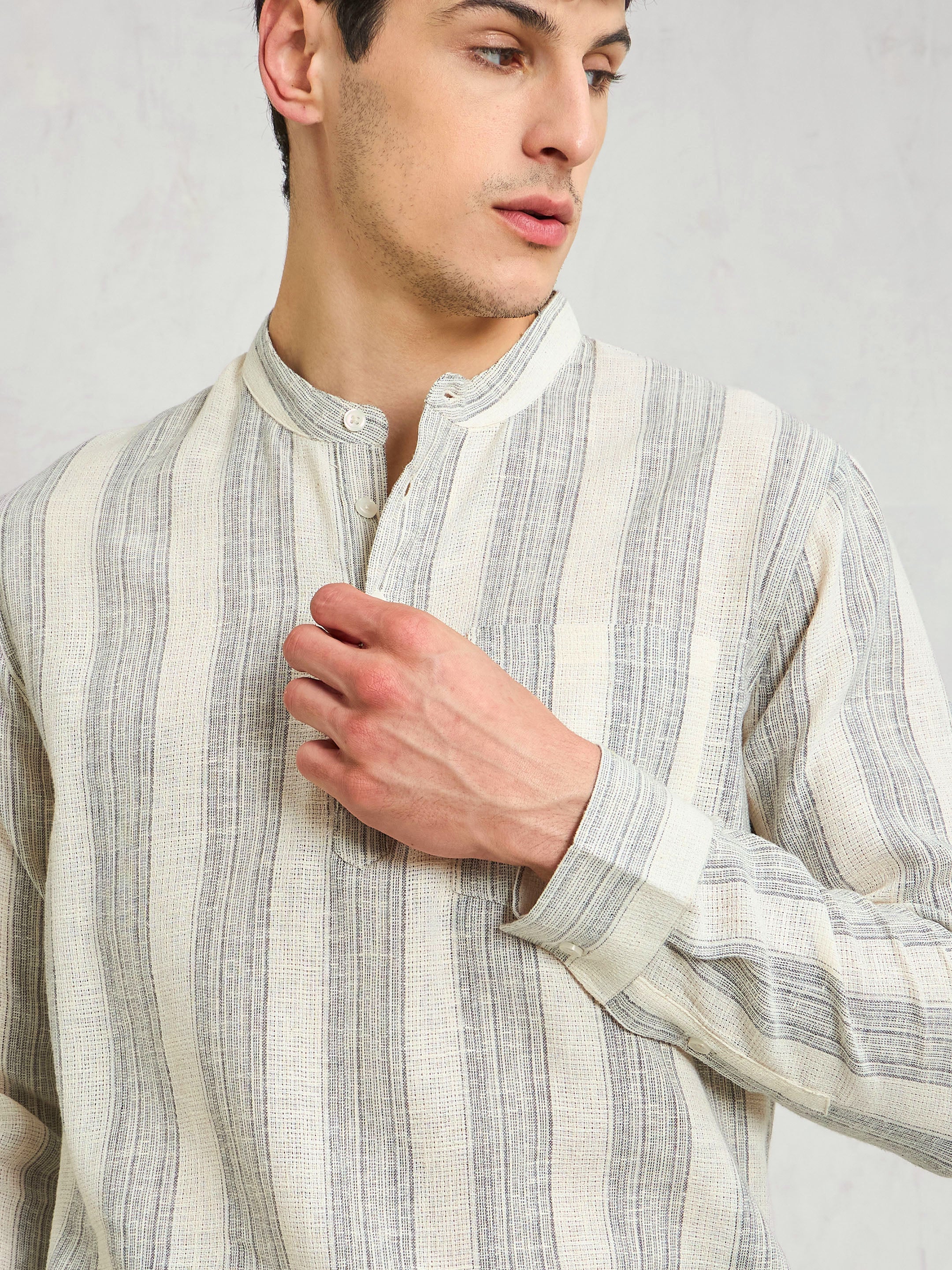 Men Beige & Grey Cotton Relax Fit Kurta Shirt - Image 2