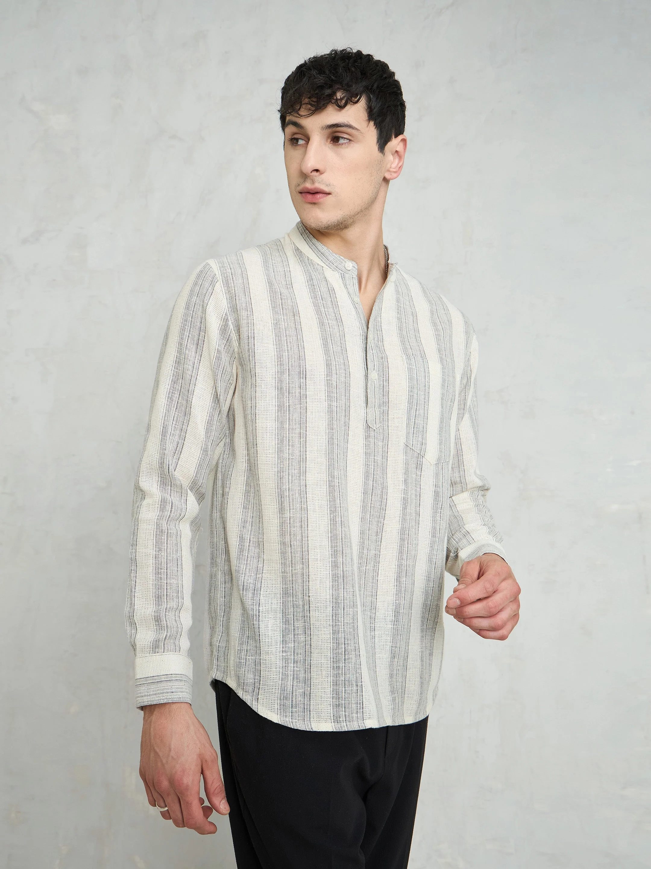 Men Beige & Grey Cotton Relax Fit Kurta Shirt - Image 3