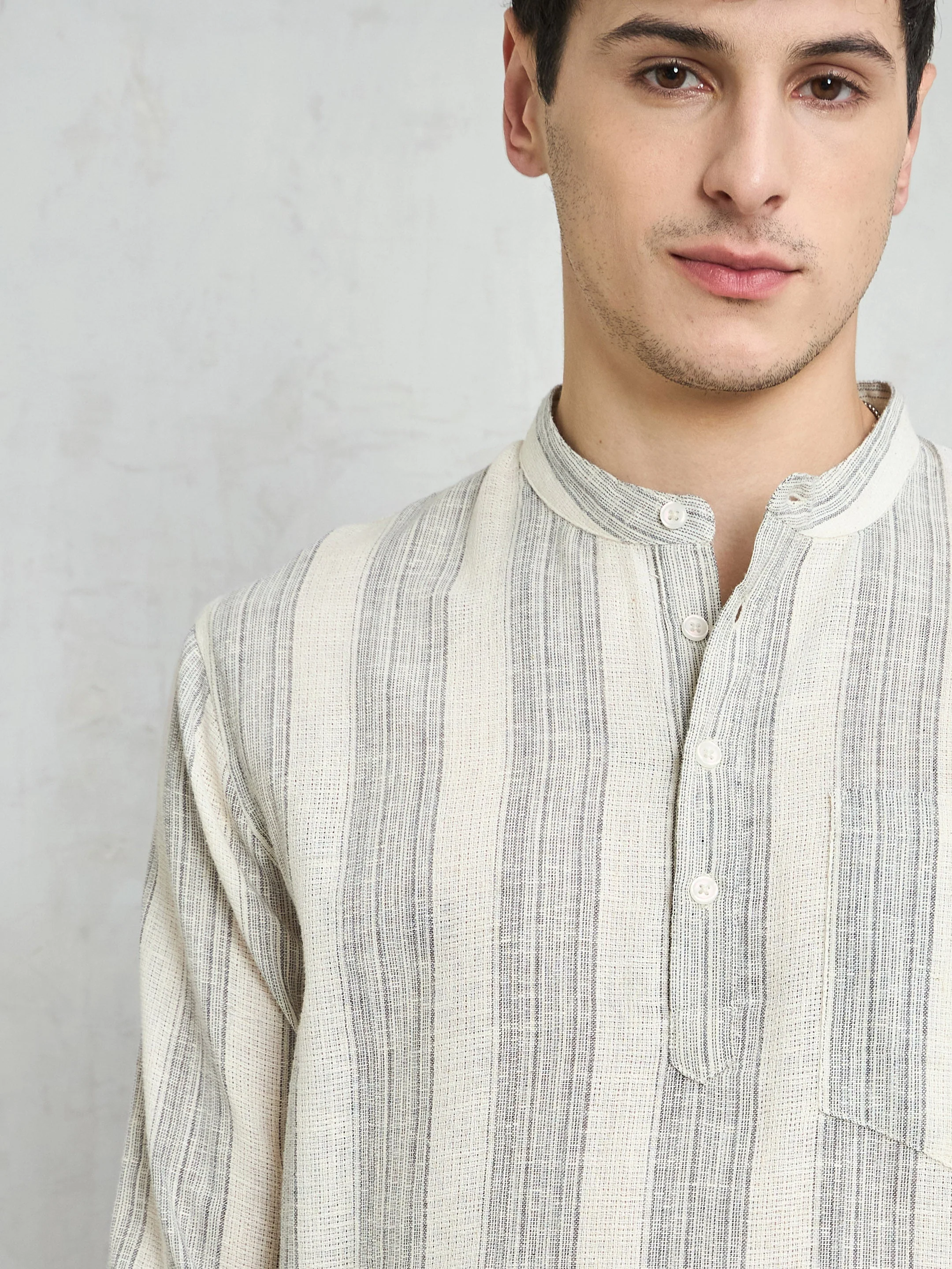 Men Beige & Grey Cotton Relax Fit Kurta Shirt - Image 4