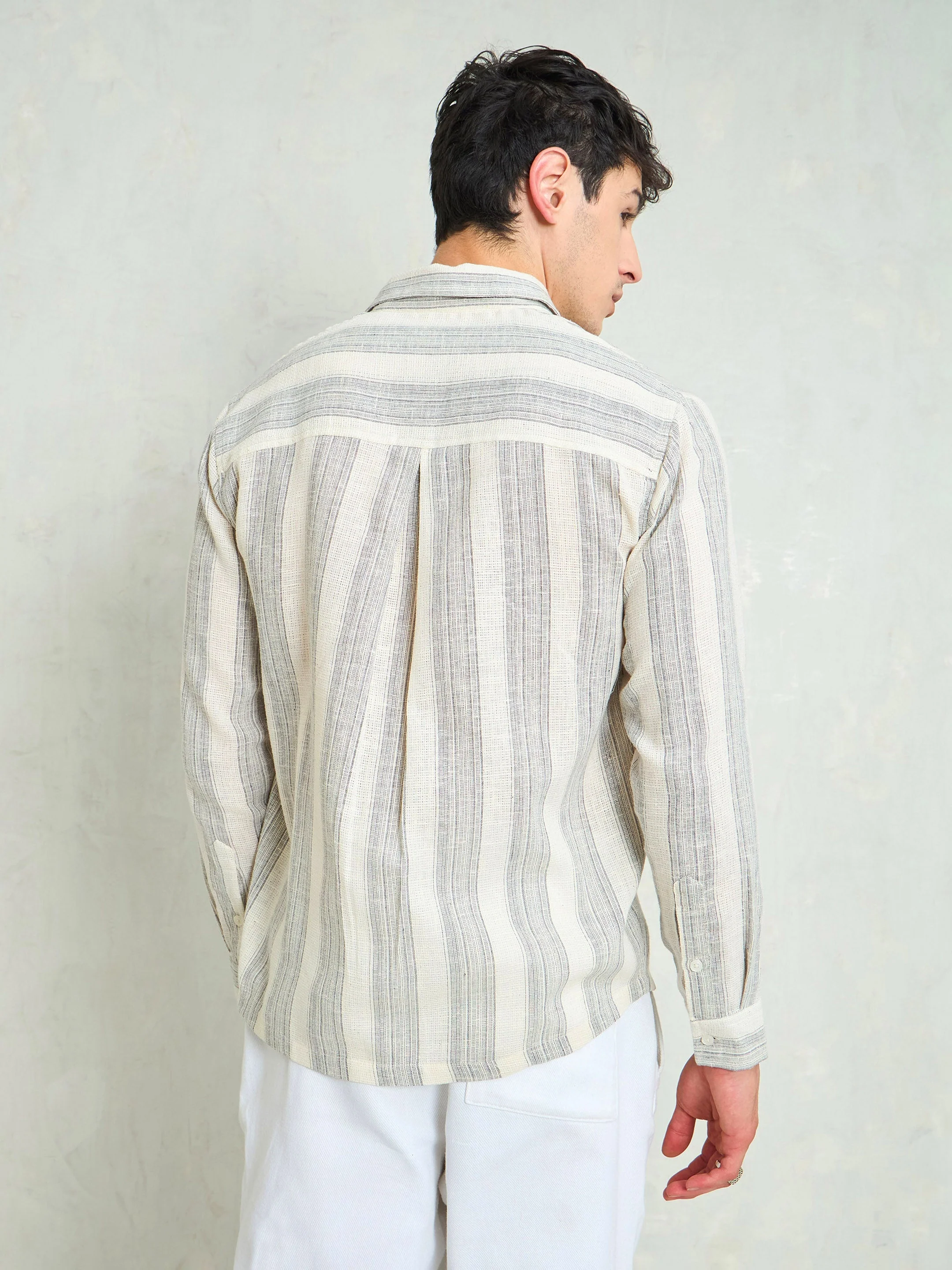 Men Beige & Grey Cotton Striped Relax Fit Shirt - Image 2