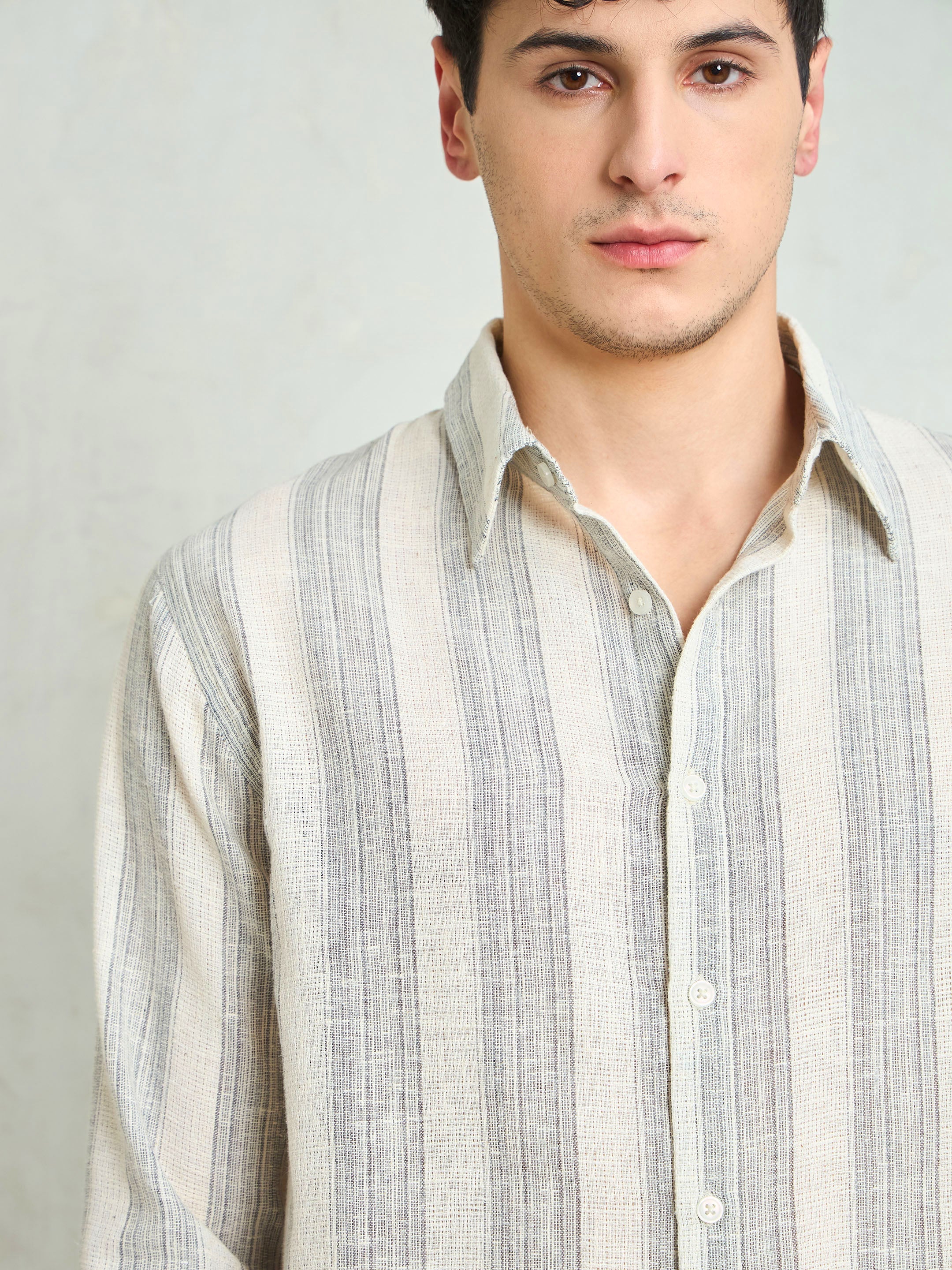 Men Beige & Grey Cotton Striped Relax Fit Shirt - Image 3