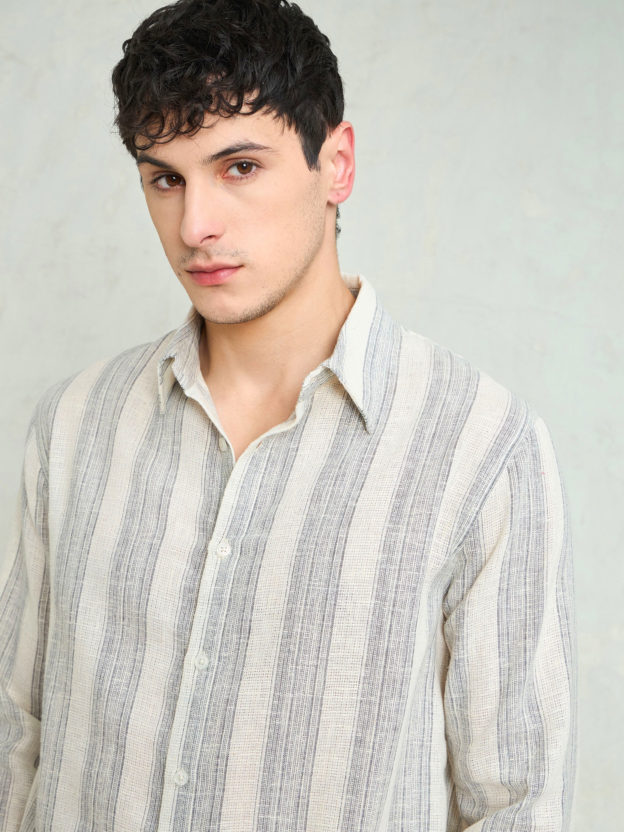Men Beige & Grey Cotton Striped Relax Fit Shirt - Image 4