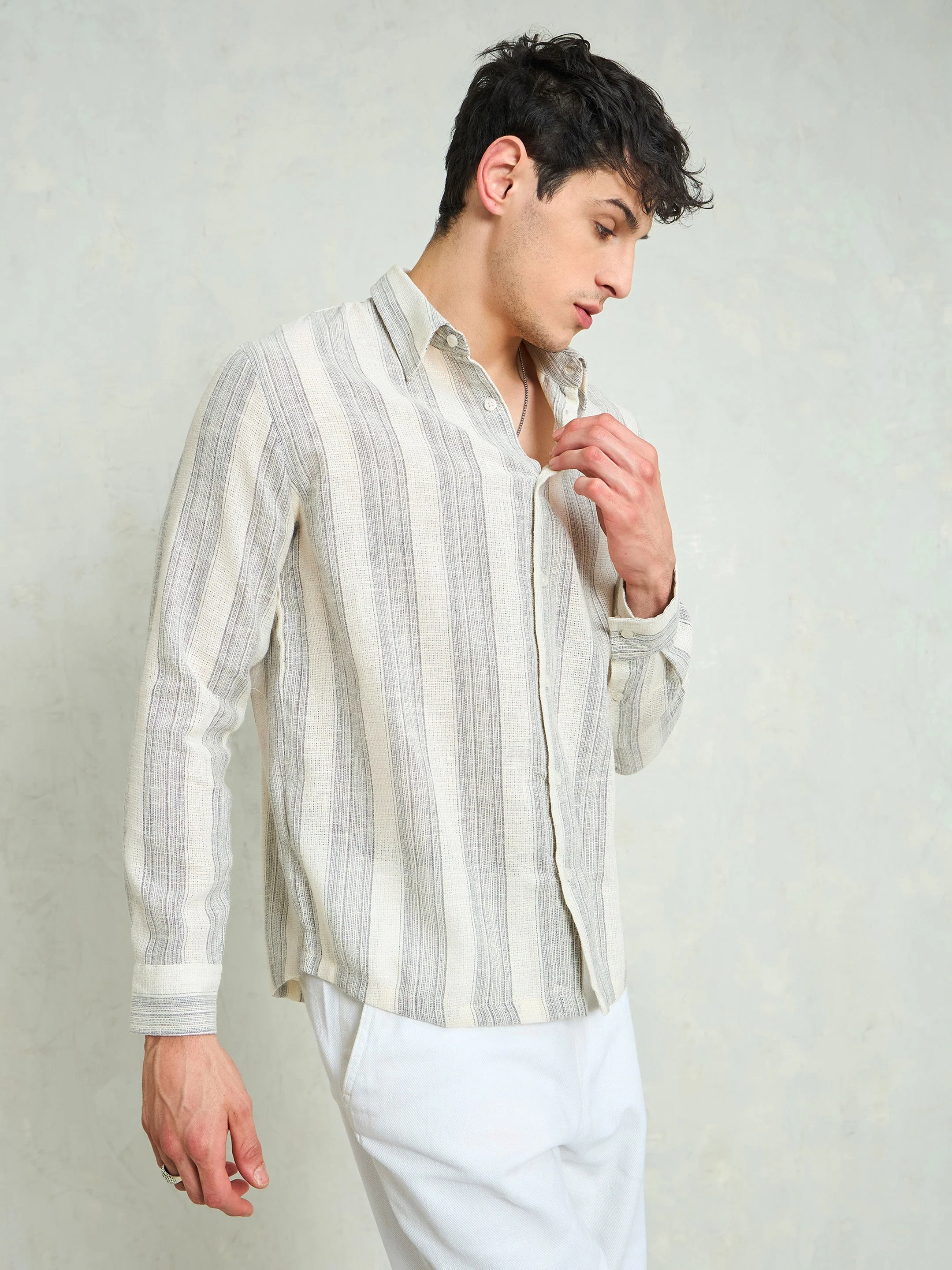 Men Beige & Grey Cotton Striped Relax Fit Shirt - Image 5