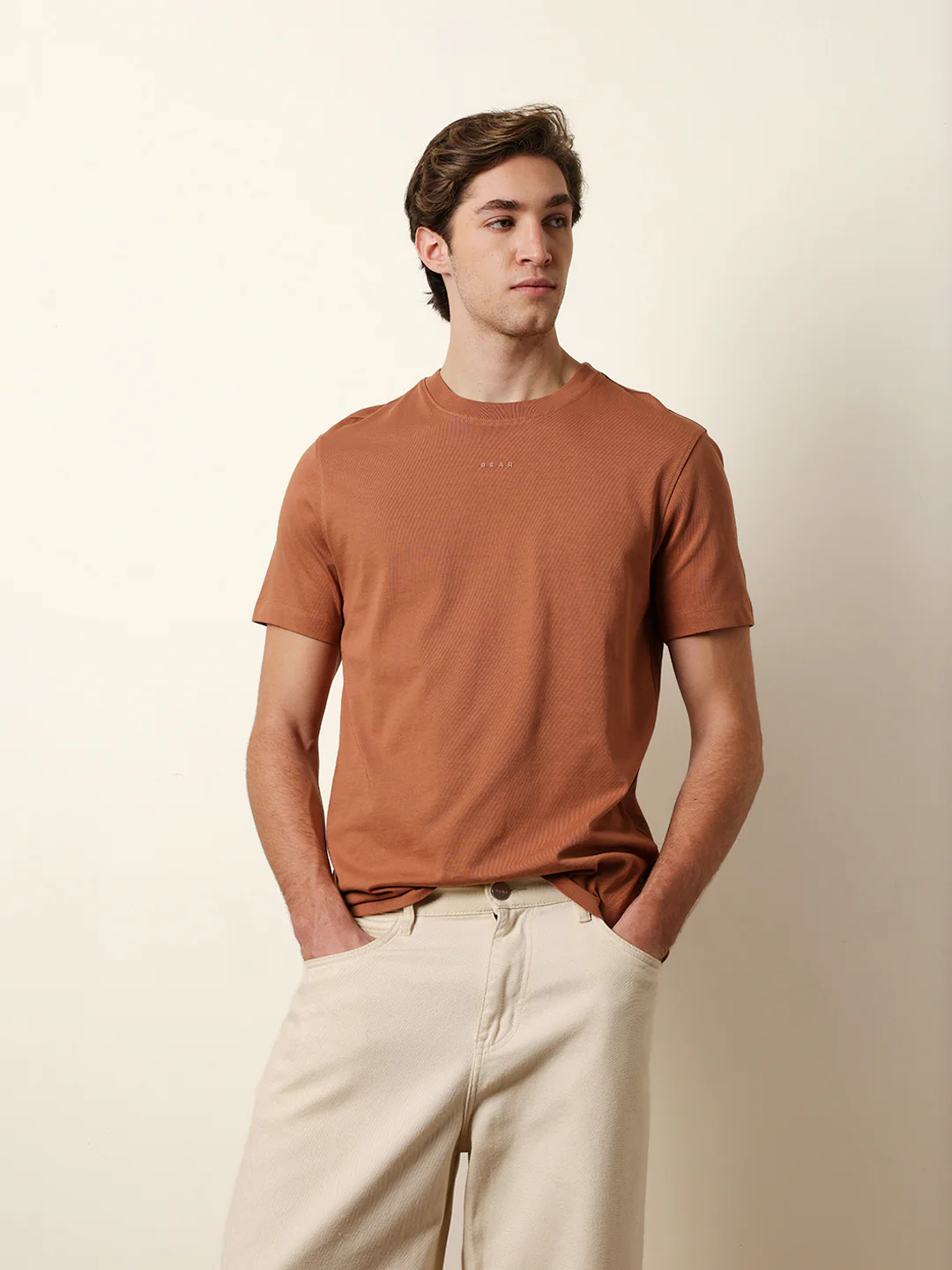 Men Beige Half Sleeve Regular T-Shirt - Image 3