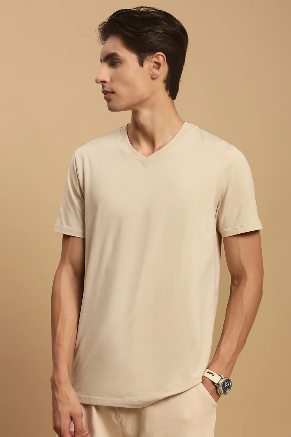 Men Beige Half Sleeve T-Shirt - Image 6