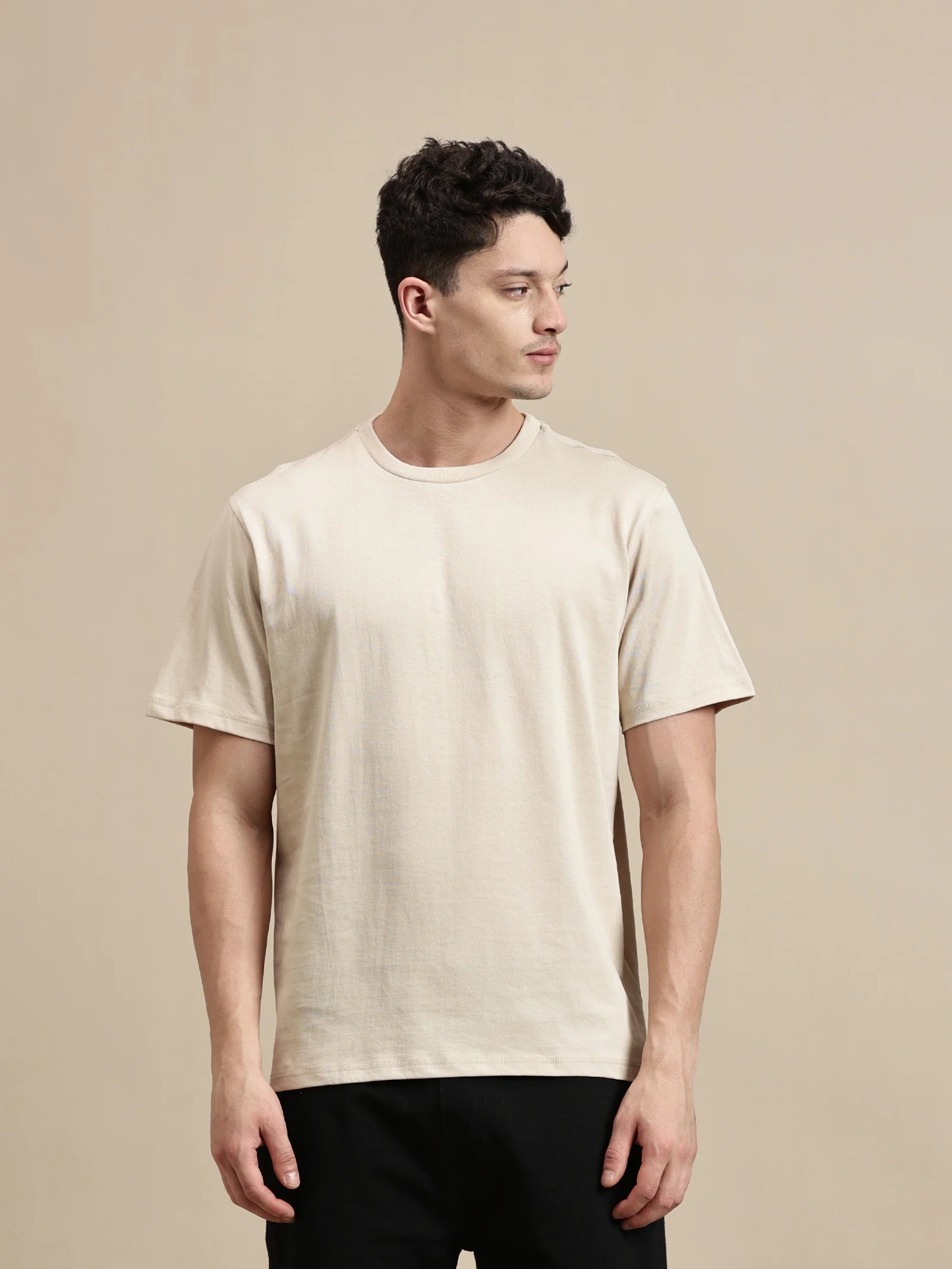 Men Beige Half Sleeve T-Shirt - Image 2
