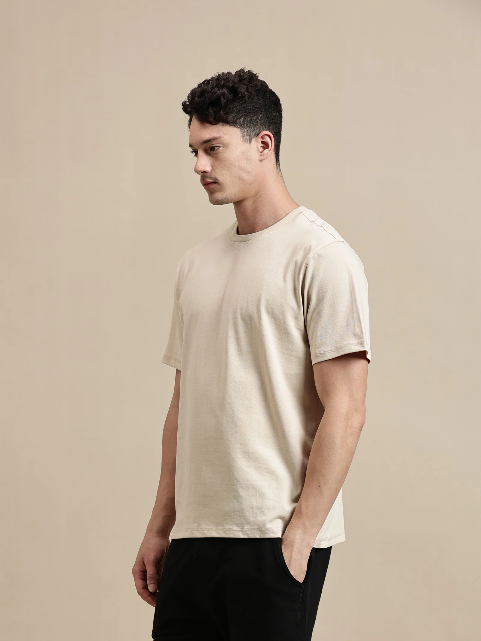 Men Beige Half Sleeve T-Shirt - Image 5