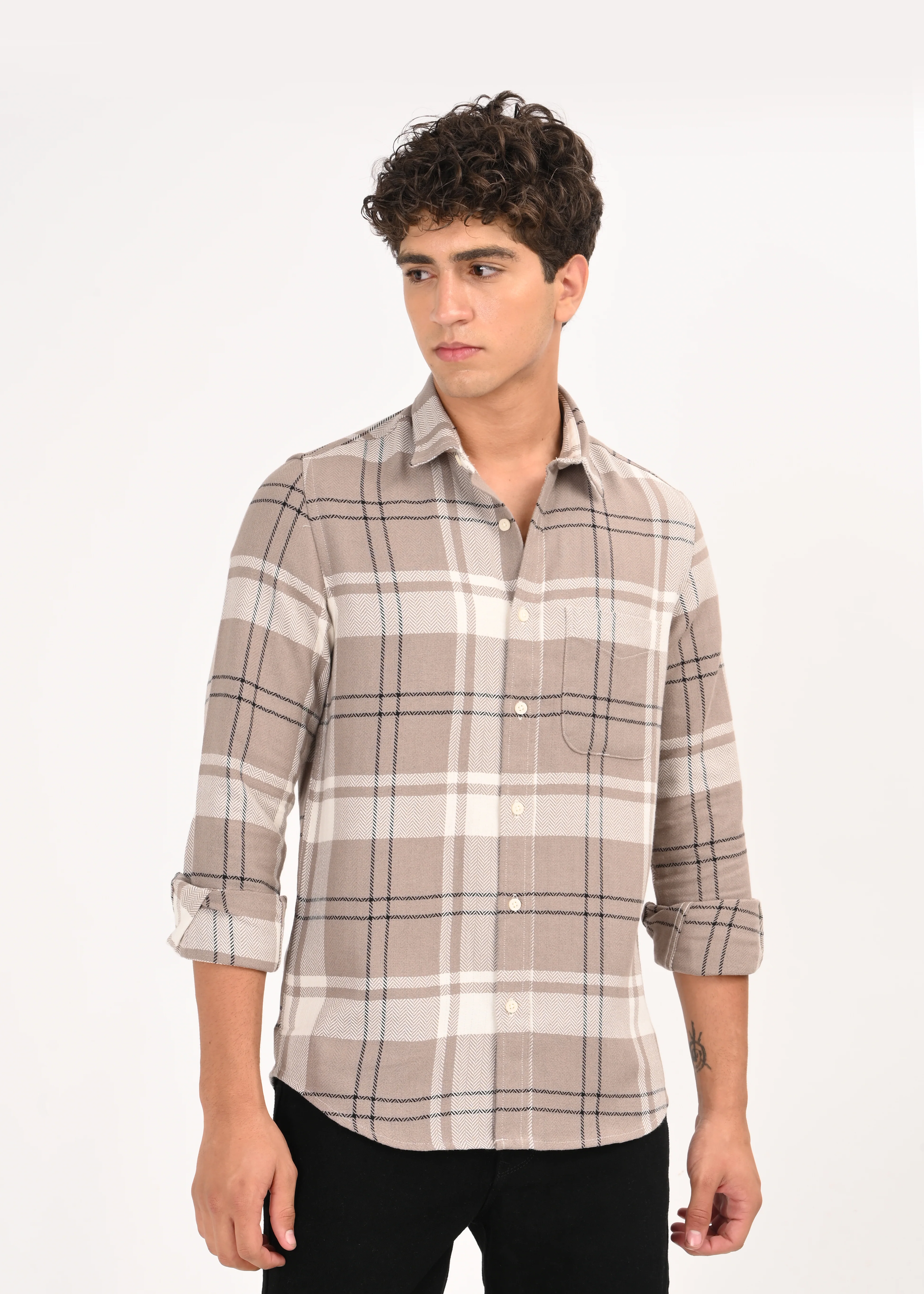 Men Beige Herringbone Checked Shirt
