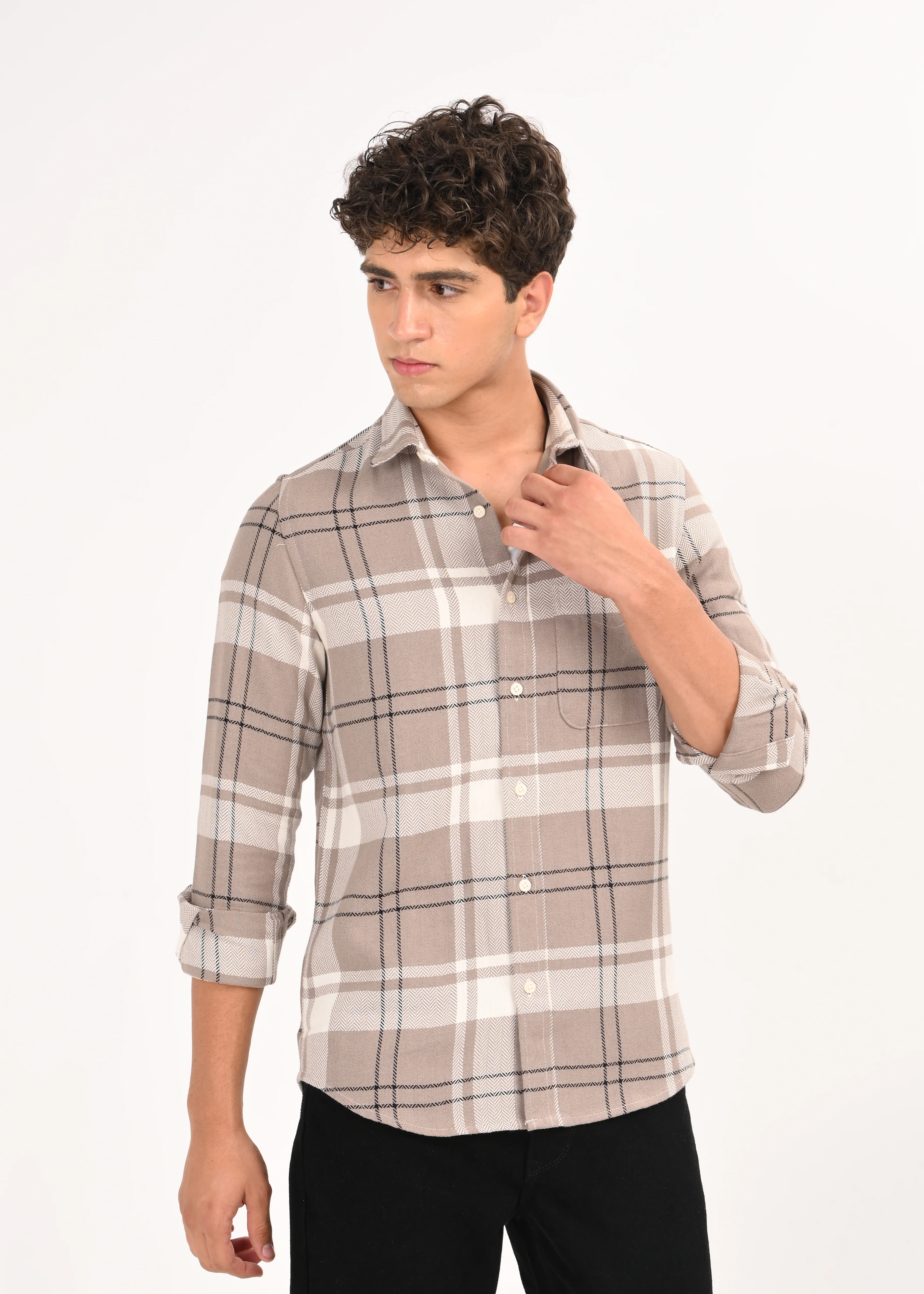 Men Beige Herringbone Checked Shirt - Image 10