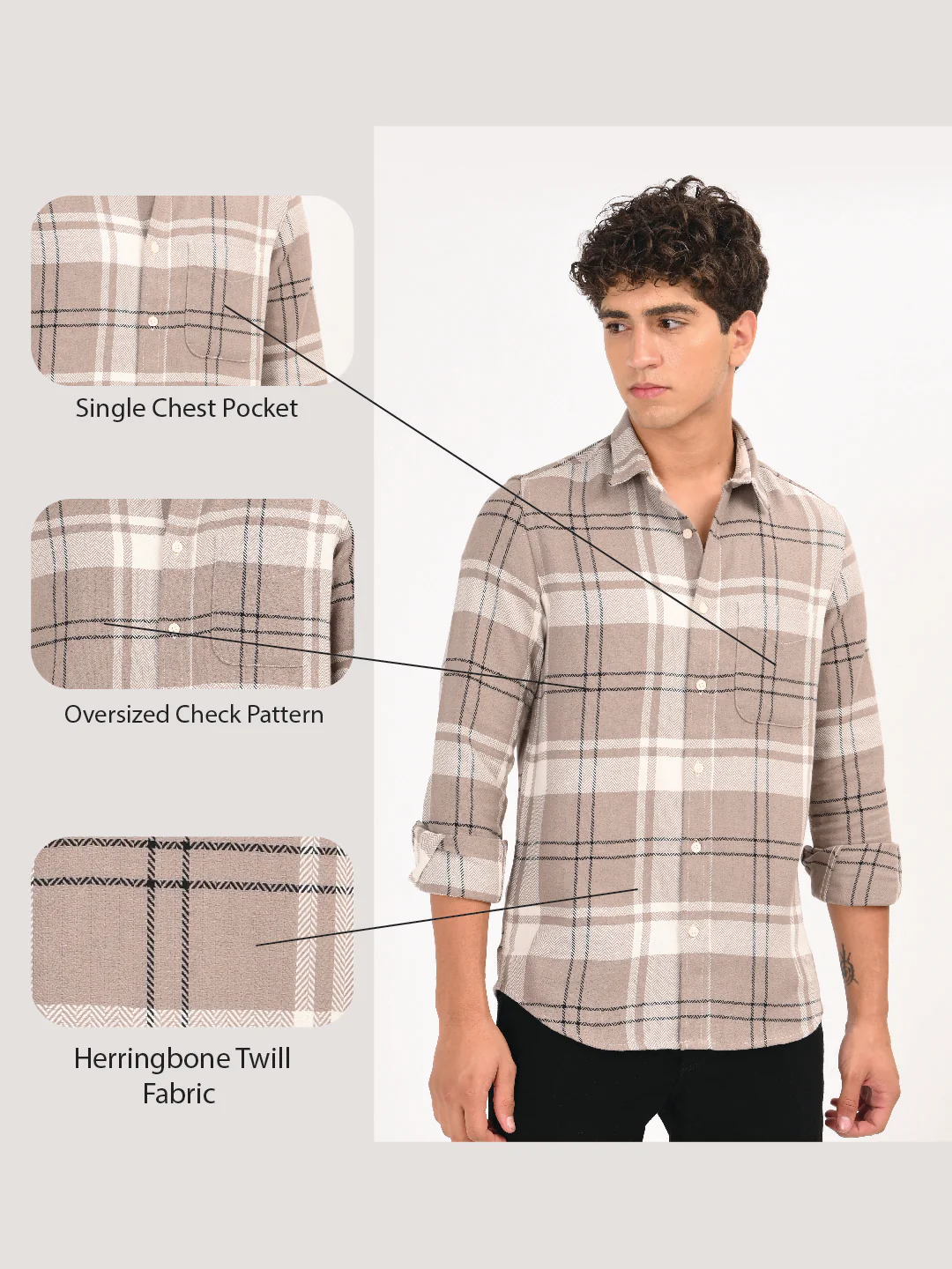 Men Beige Herringbone Checked Shirt - Image 13