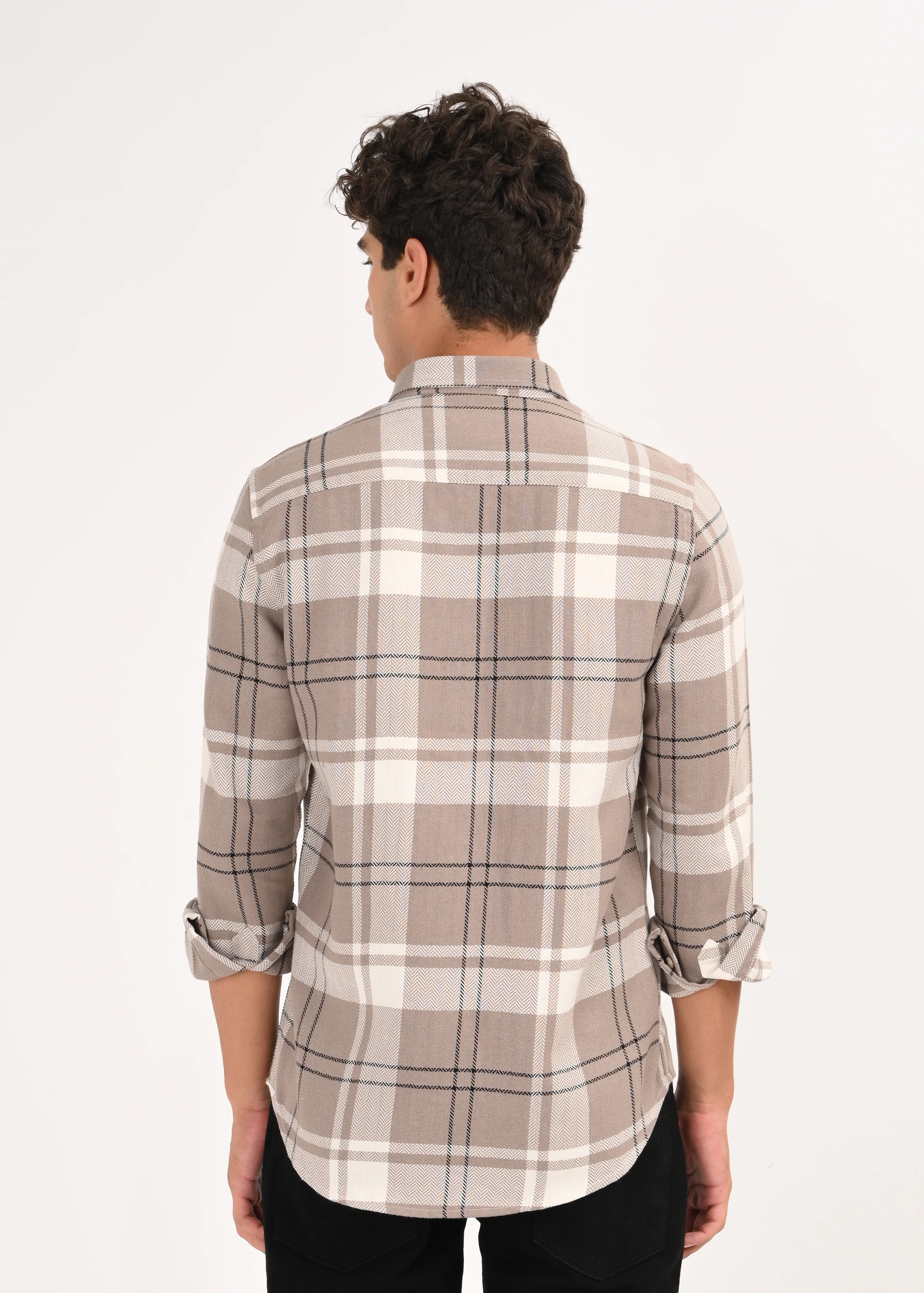 Men Beige Herringbone Checked Shirt - Image 2