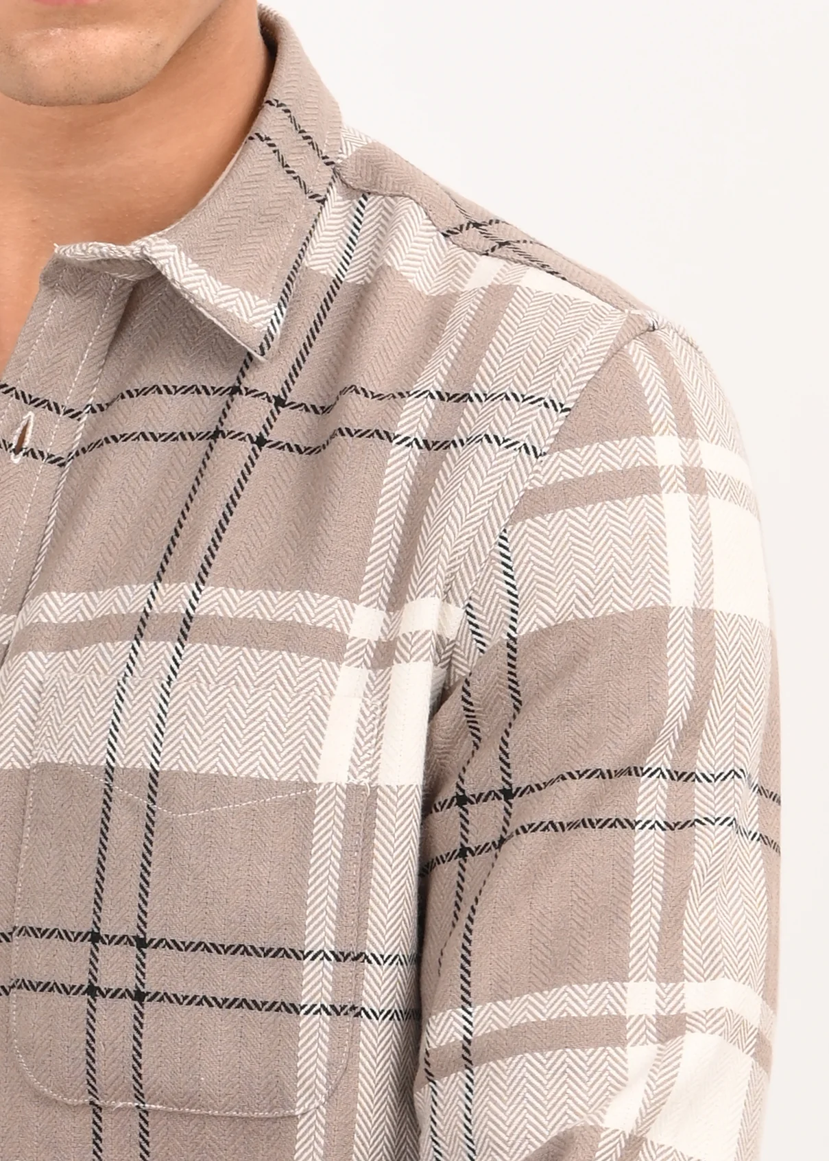 Men Beige Herringbone Checked Shirt - Image 3