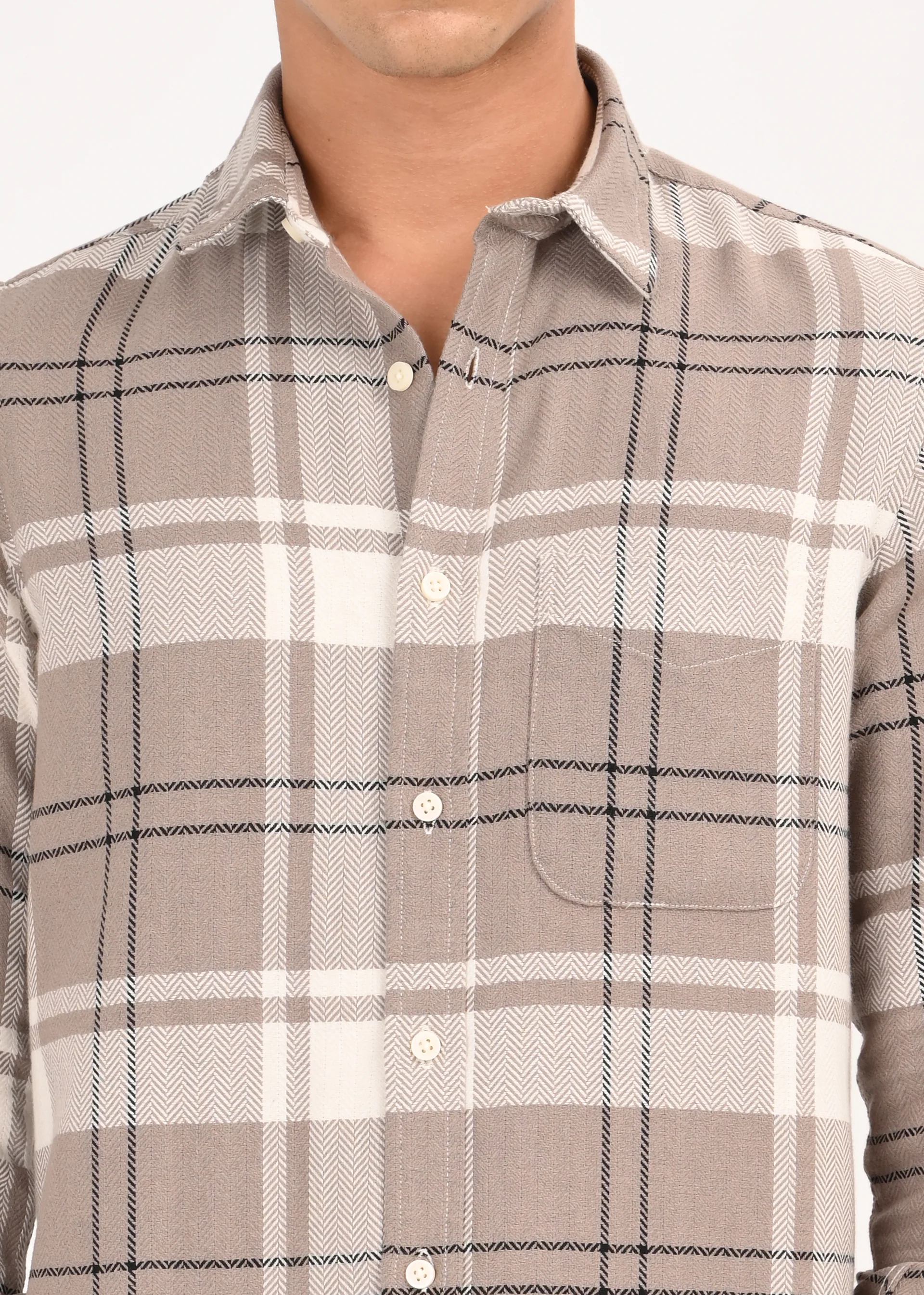 Men Beige Herringbone Checked Shirt - Image 4