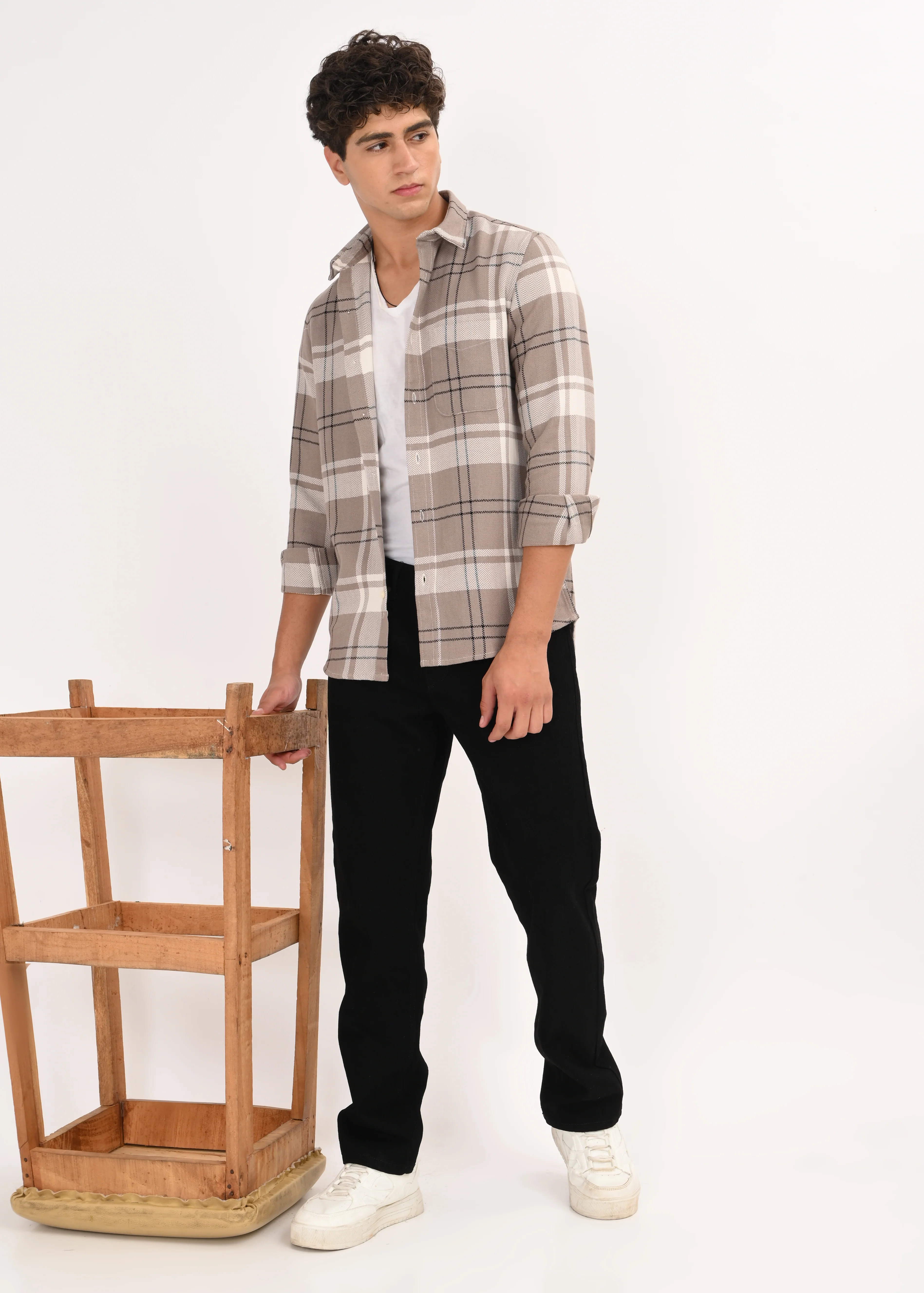 Men Beige Herringbone Checked Shirt - Image 5