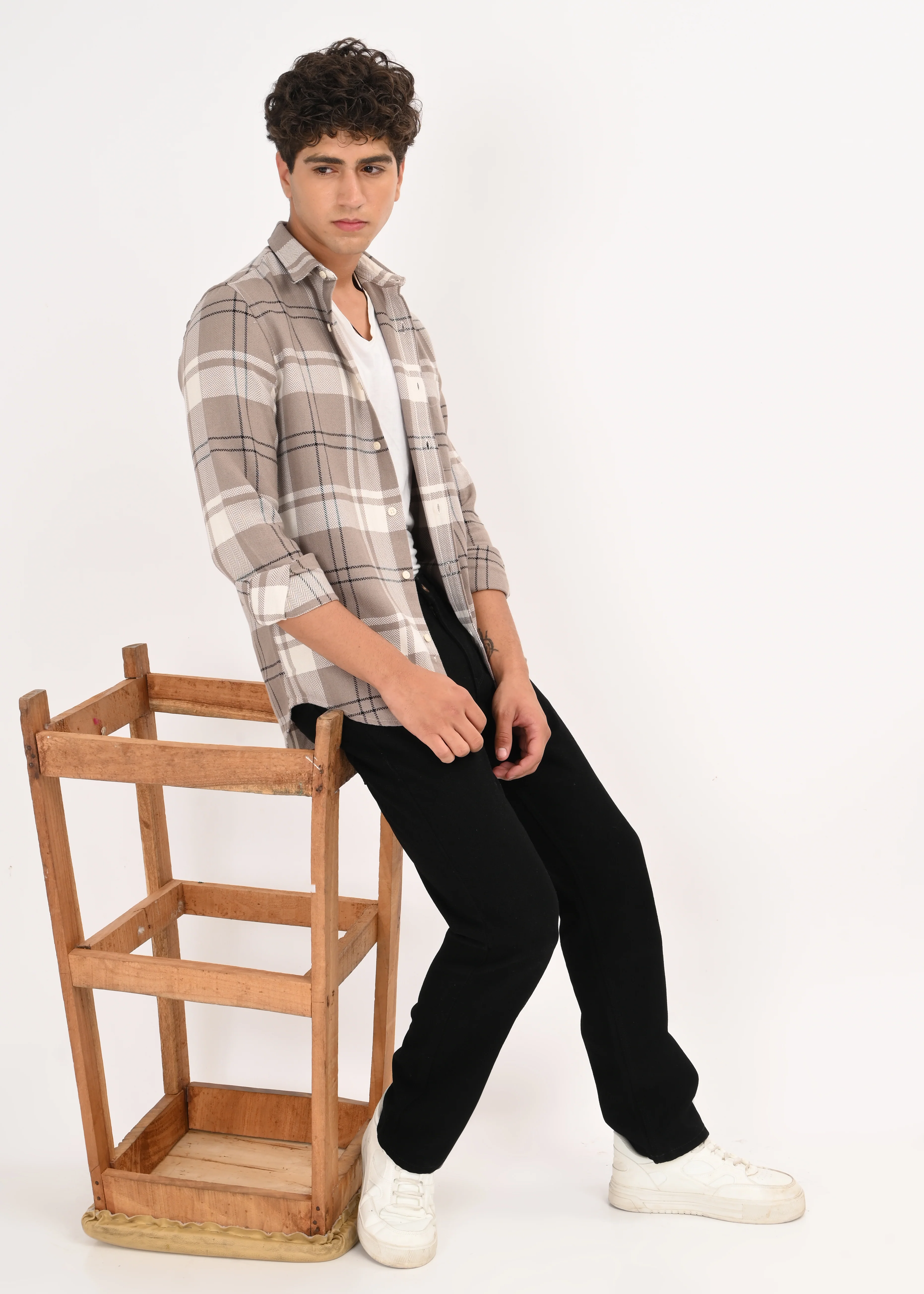 Men Beige Herringbone Checked Shirt - Image 6