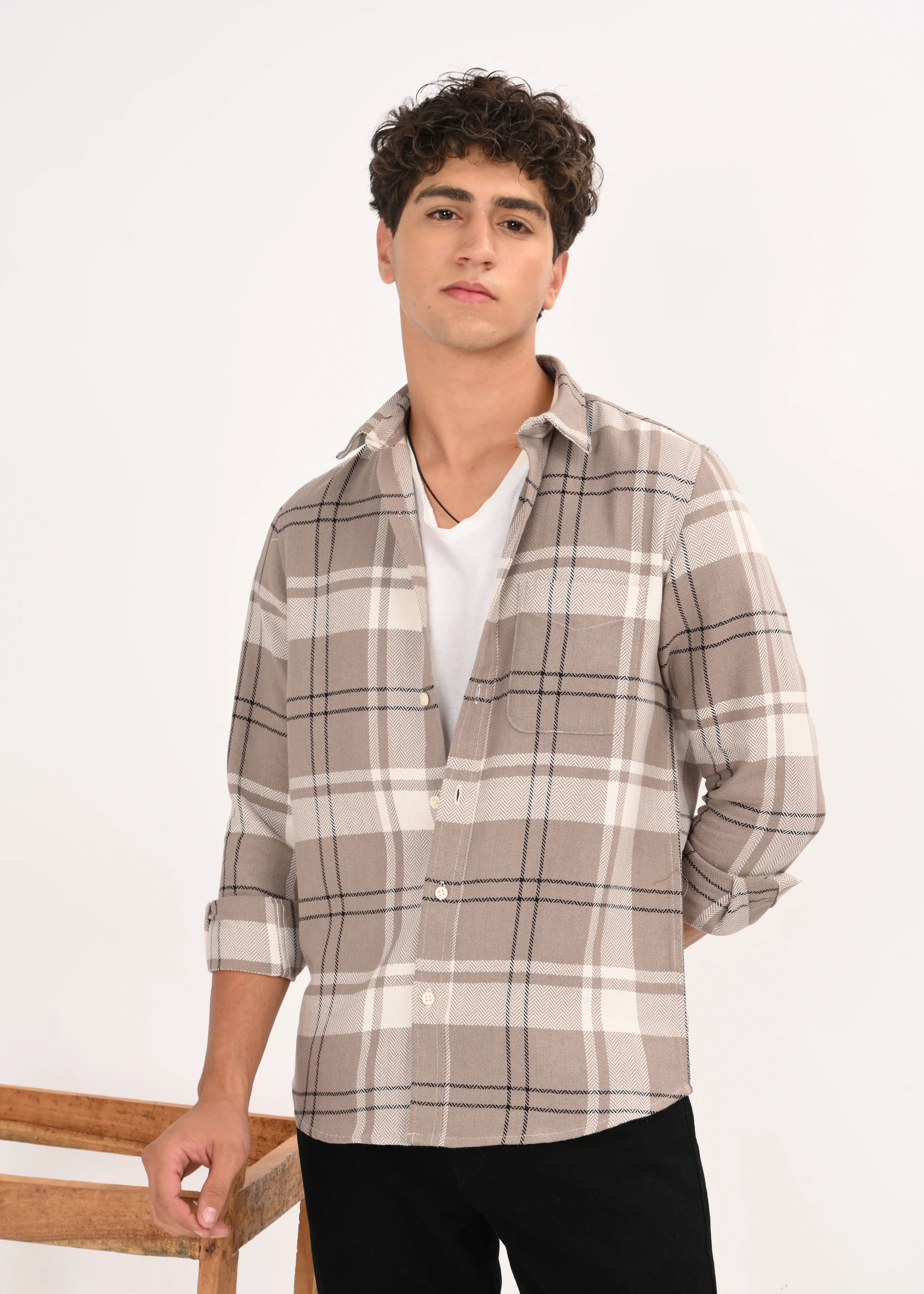 Men Beige Herringbone Checked Shirt - Image 8