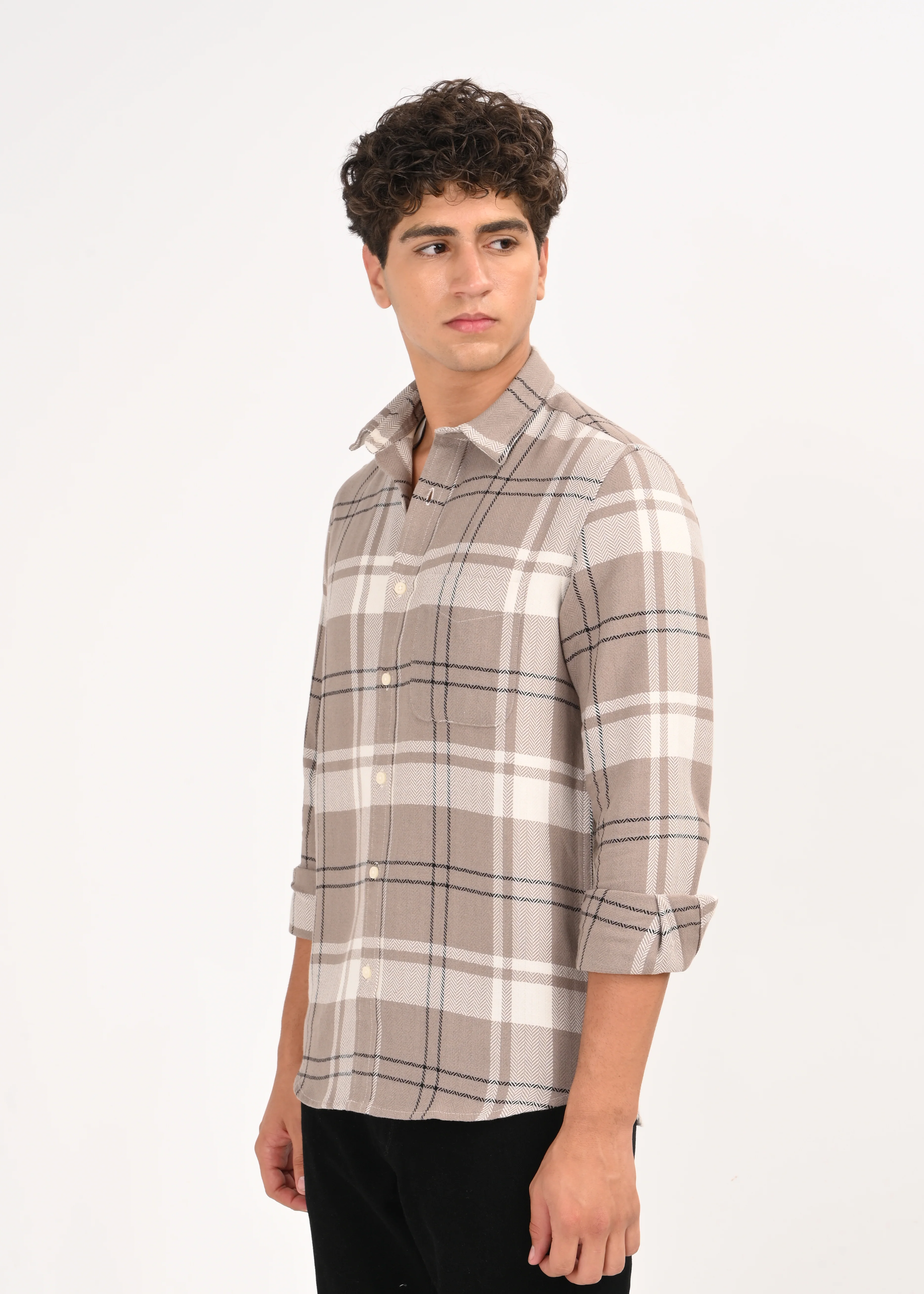 Men Beige Herringbone Checked Shirt - Image 9