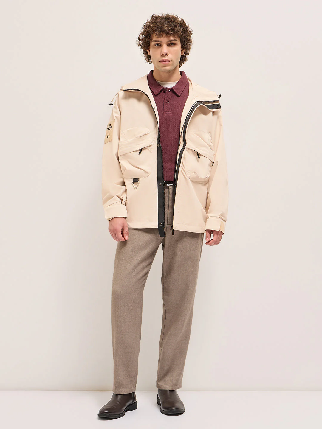 Men Beige Hooded Jacket - Image 4
