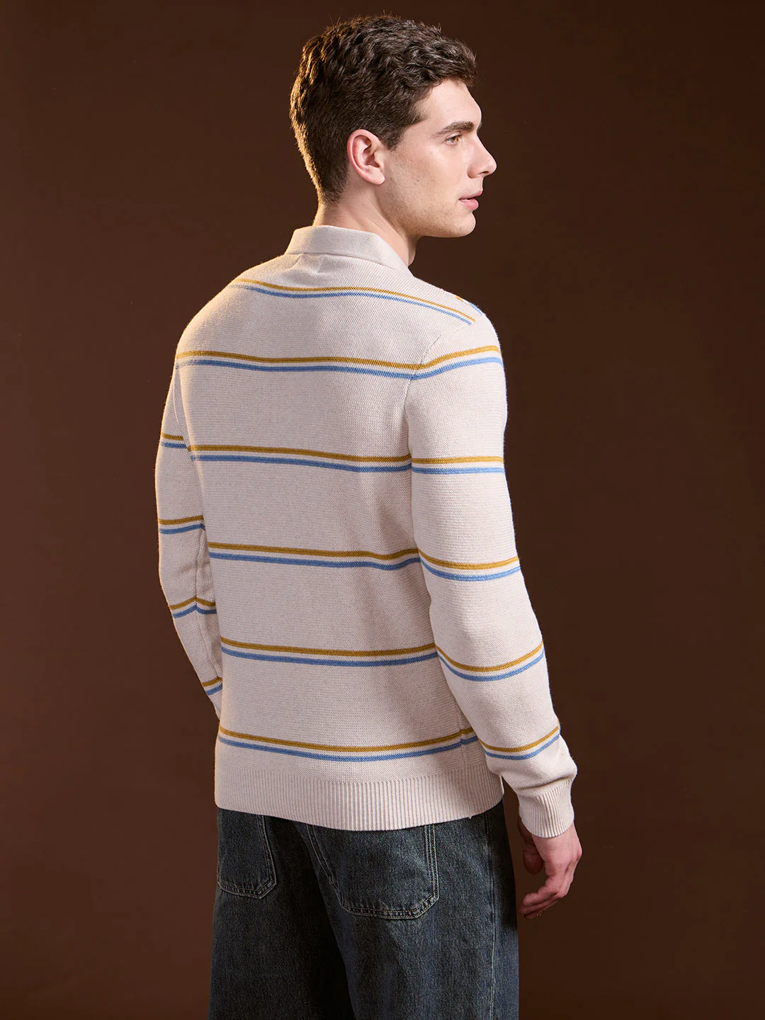 Men Beige Striped Slim Fit Polo - Image 2