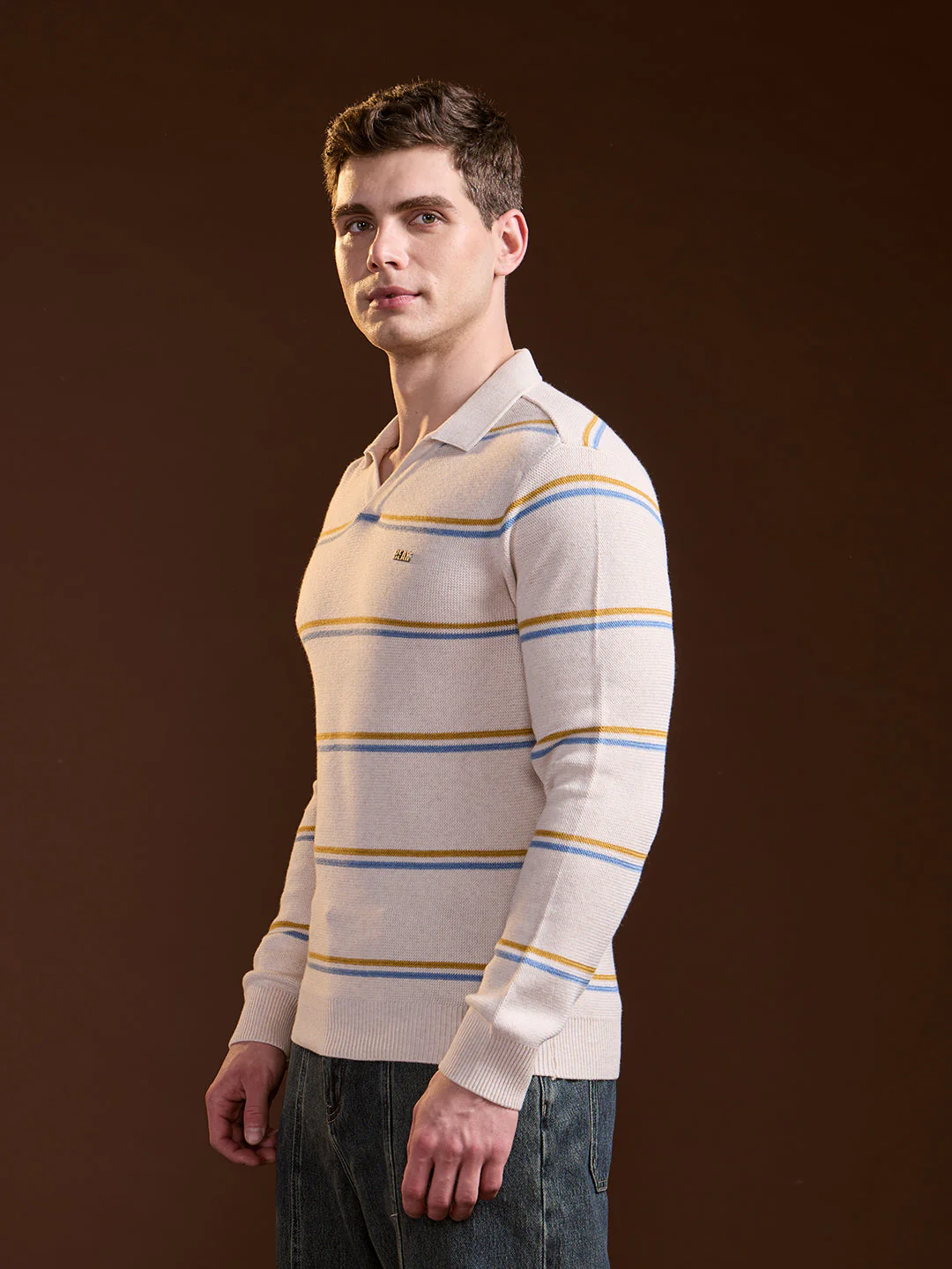 Men Beige Striped Slim Fit Polo - Image 3