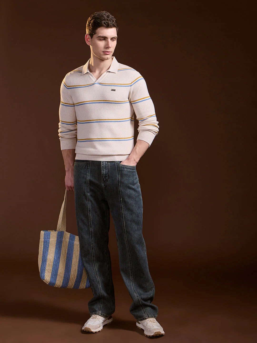 Men Beige Striped Slim Fit Polo - Image 4