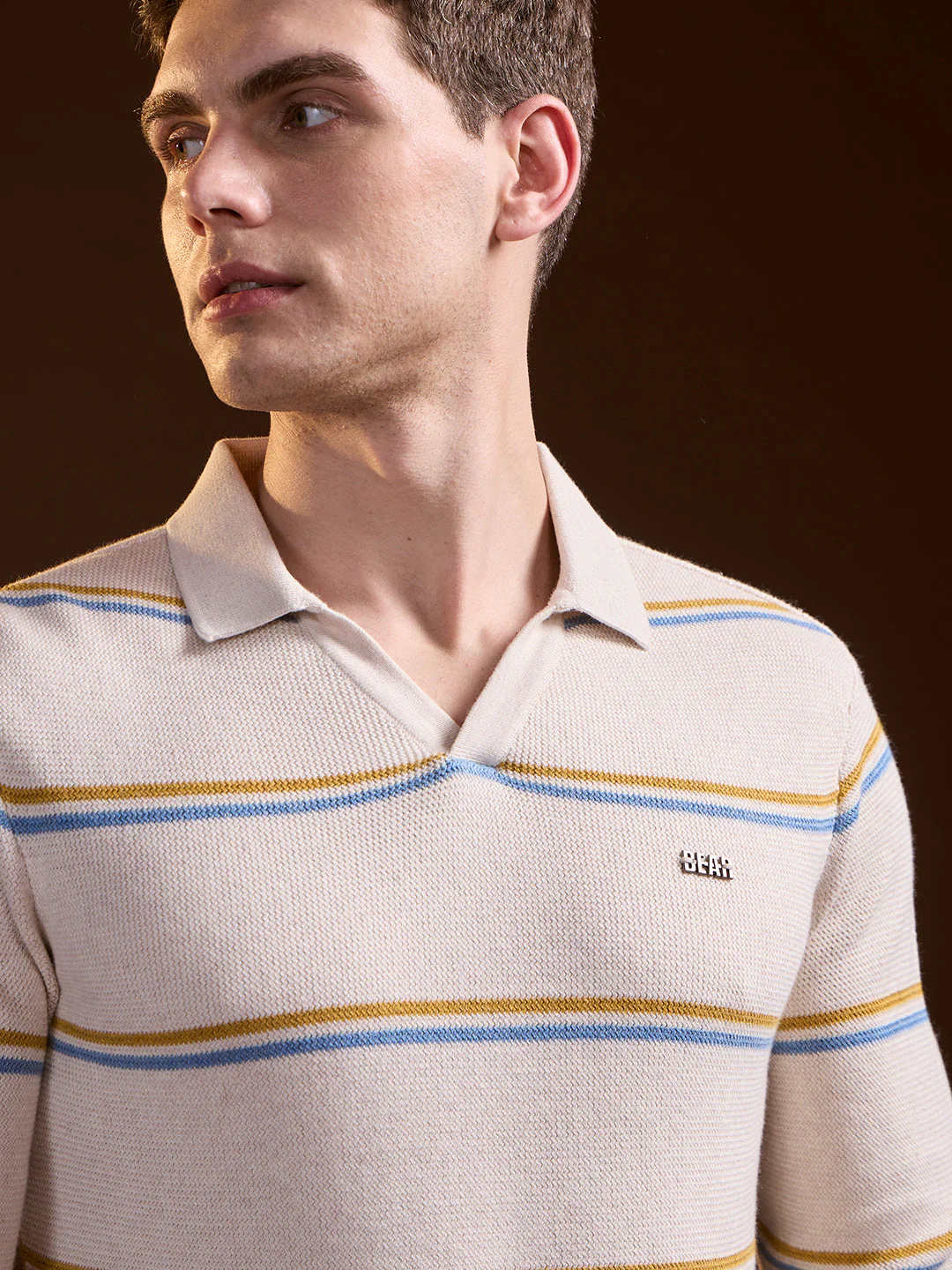 Men Beige Striped Slim Fit Polo - Image 5