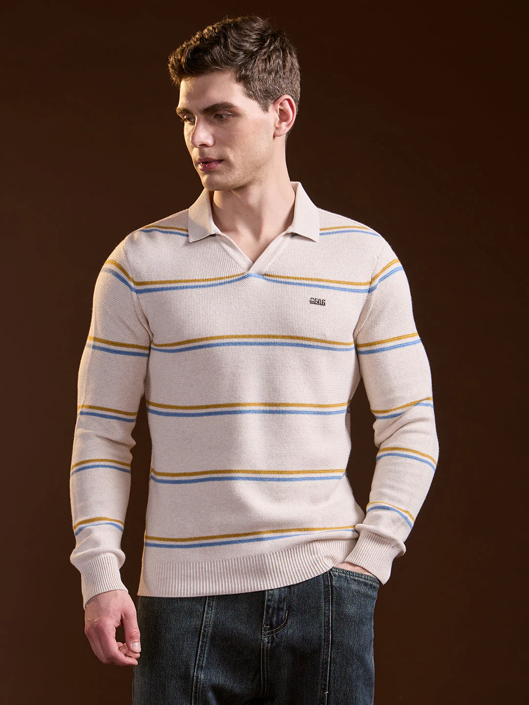 Men Beige Striped Slim Fit Polo - Image 6