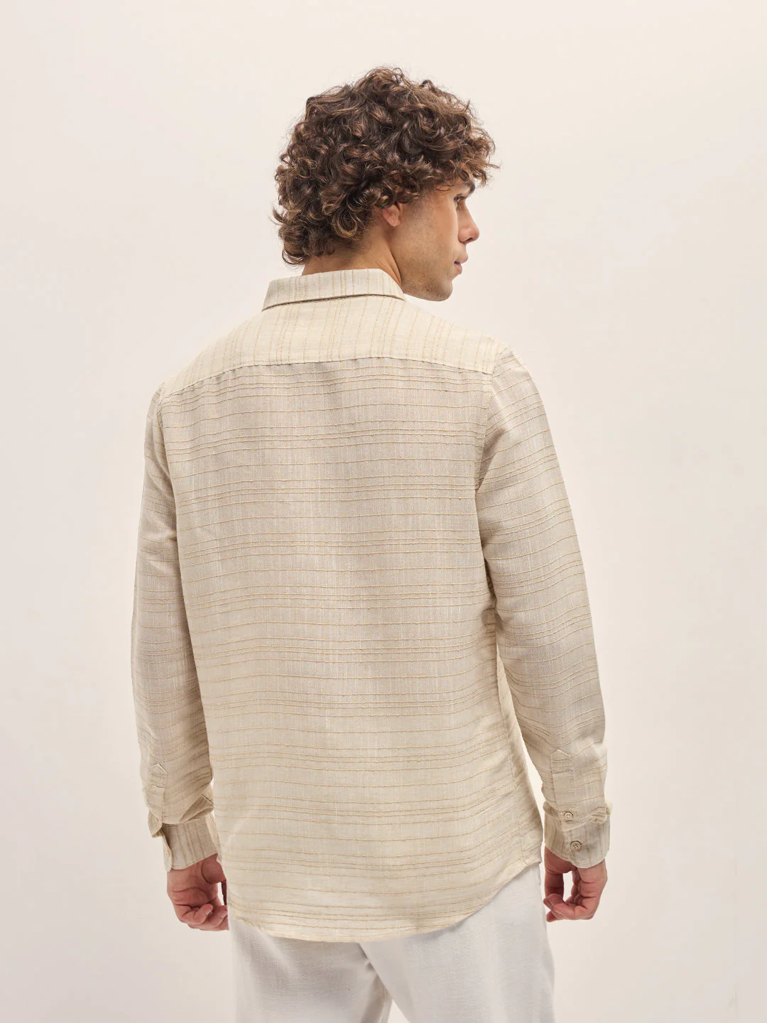 Men Beige Horizontal textured grid Slim Fit Casual Shirt - Image 2