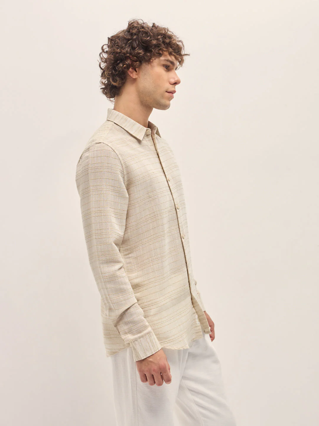 Men Beige Horizontal textured grid Slim Fit Casual Shirt - Image 3