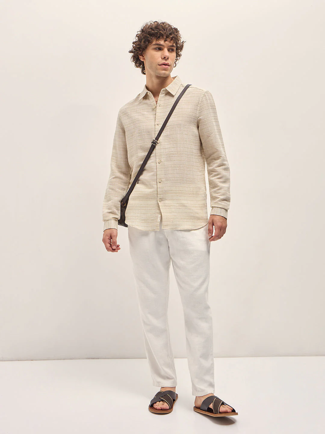 Men Beige Horizontal textured grid Slim Fit Casual Shirt - Image 4