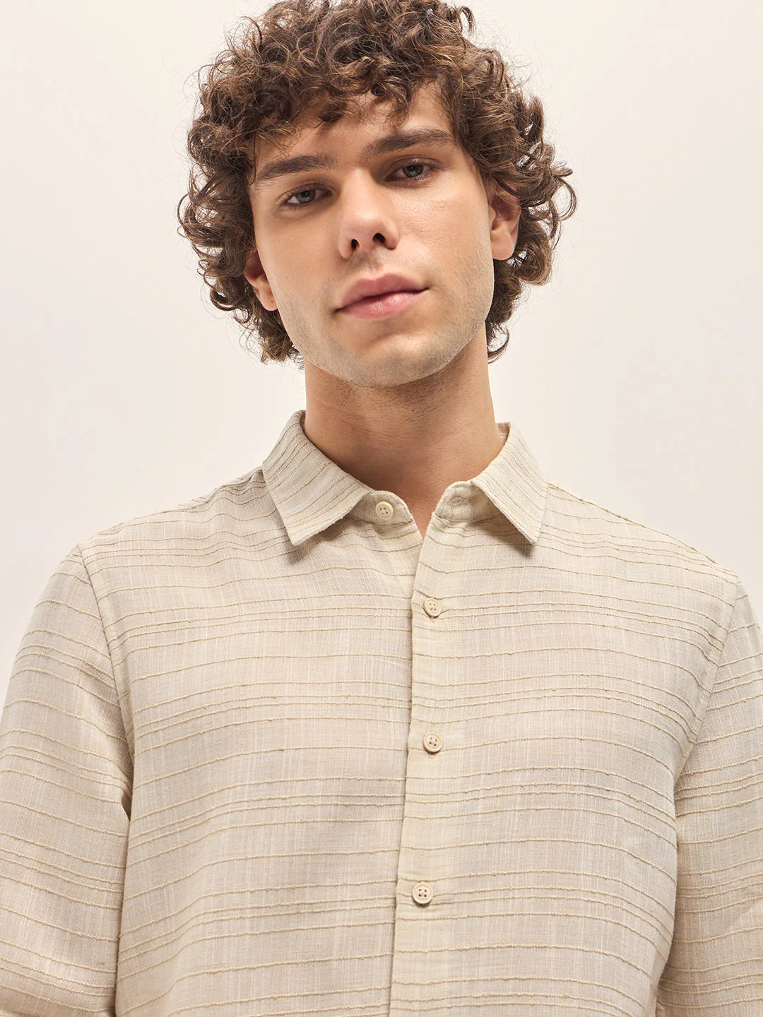 Men Beige Horizontal textured grid Slim Fit Casual Shirt - Image 5