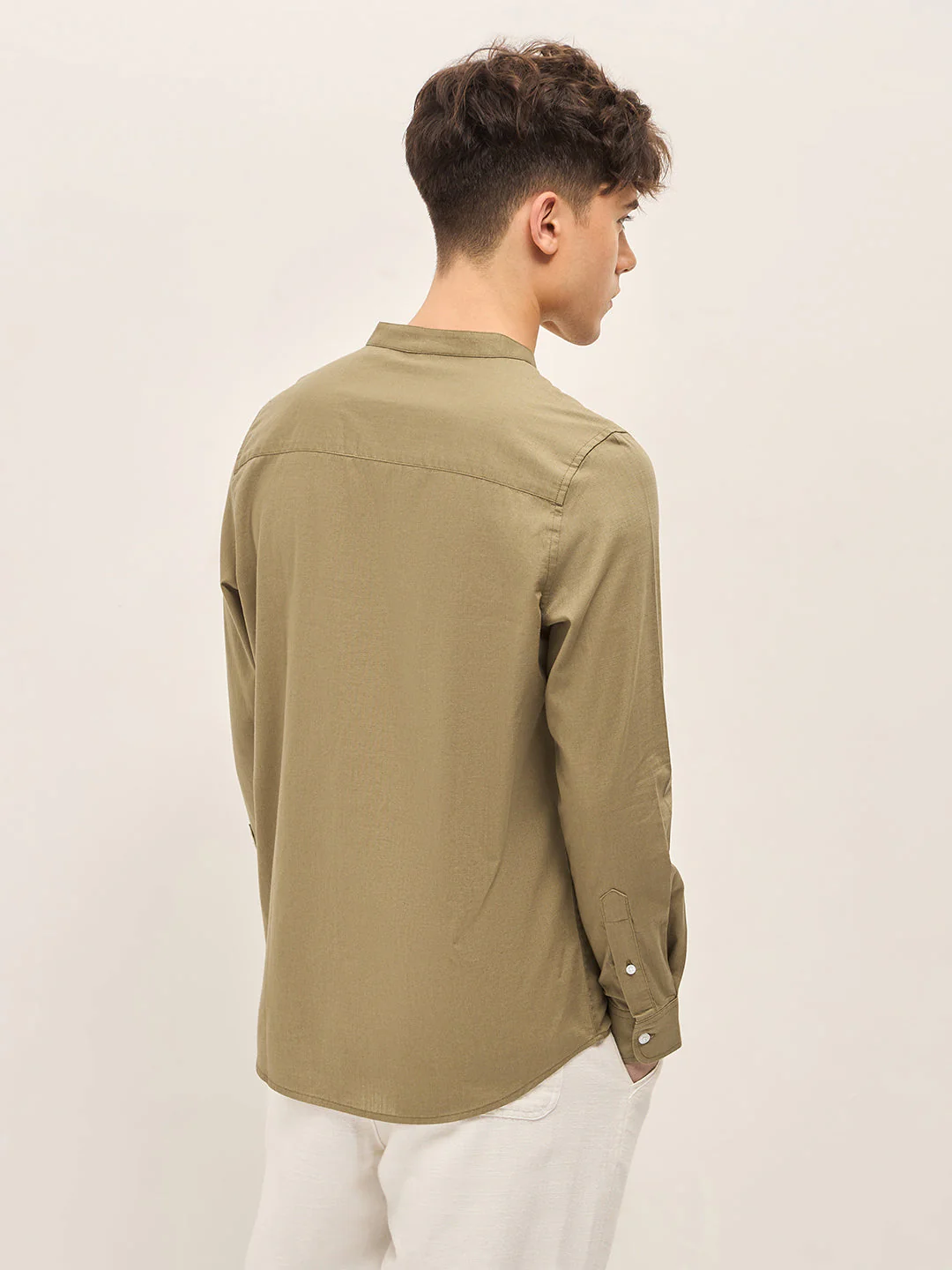 Men Beige Mandarin Collar Slim Fit Casual Shirt - Image 2