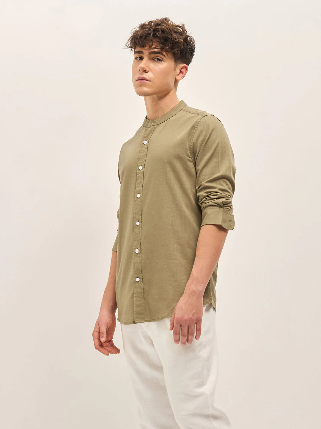 Men Beige Mandarin Collar Slim Fit Casual Shirt - Image 3